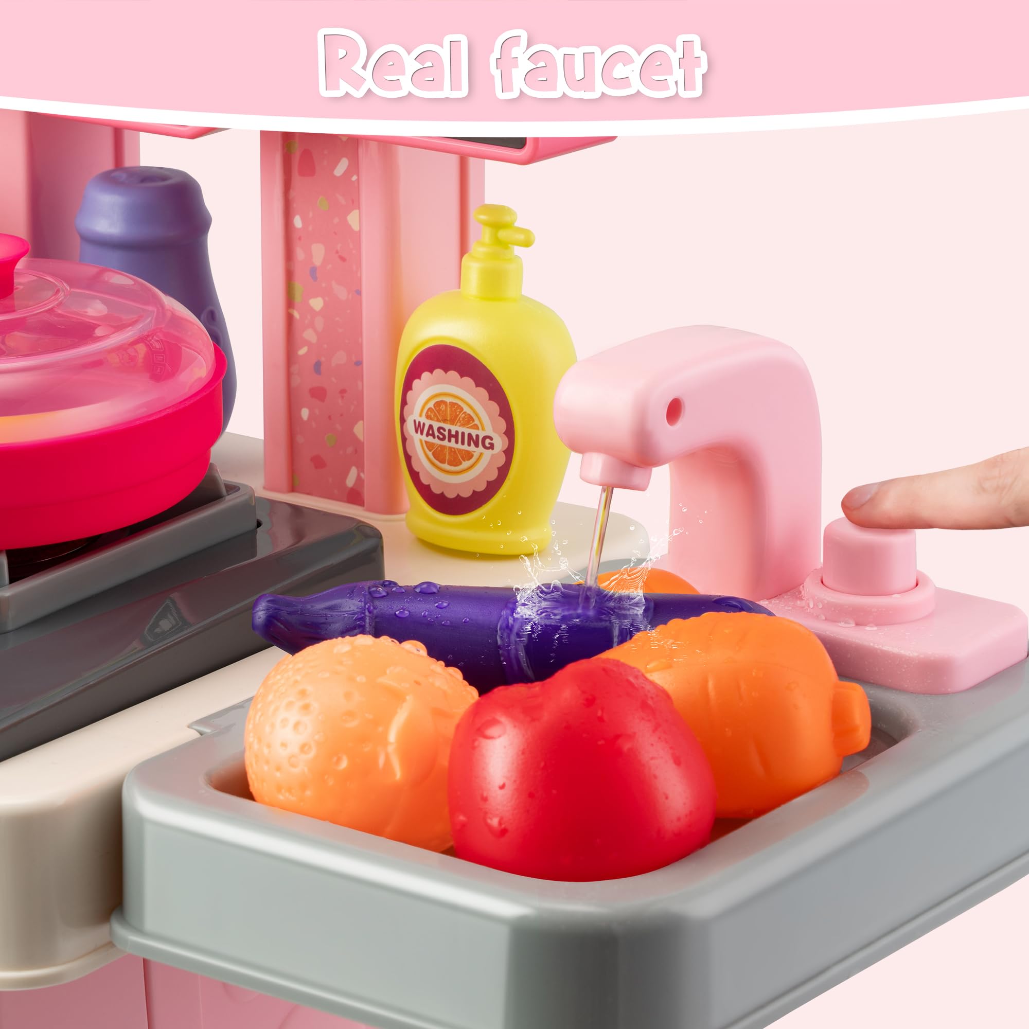**53-Piece Kids Kitchen Playset with Stove, Sink & Oven - Realistic Lights & Sounds, Pretend Play Toys for Toddlers Ages 1-3 (Pink) - Perfect for Imaginative Role-Playing & Early Learning**