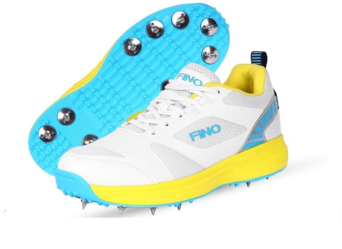 FINO C 01 White & Yellow Junior Cricket Shoes with Metal Spikes - Lightweight Sports Footwear for Youth Cricket Practice & Matches