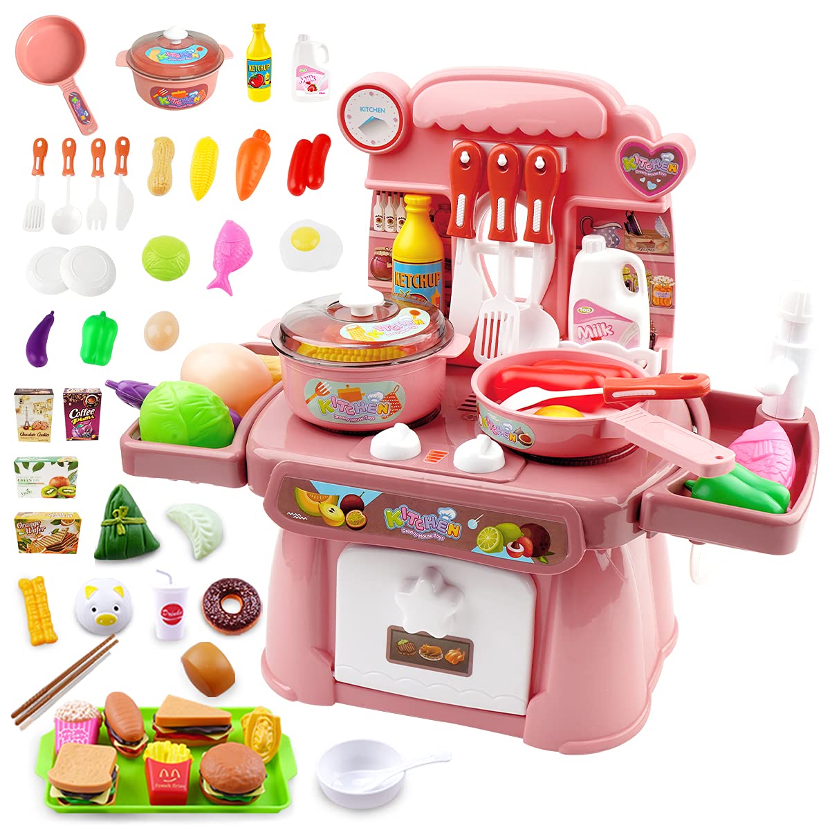 **Kids Pretend Play Kitchen Set - Imitation Chef Toy with Light & Music, Running Water Sink & Electronic Induction Stove - Perfect Gift for Girls & Boys - Red Kitchen with Food Accessories - Ideal for Role Play, Birthday Gifts & Early Learning**