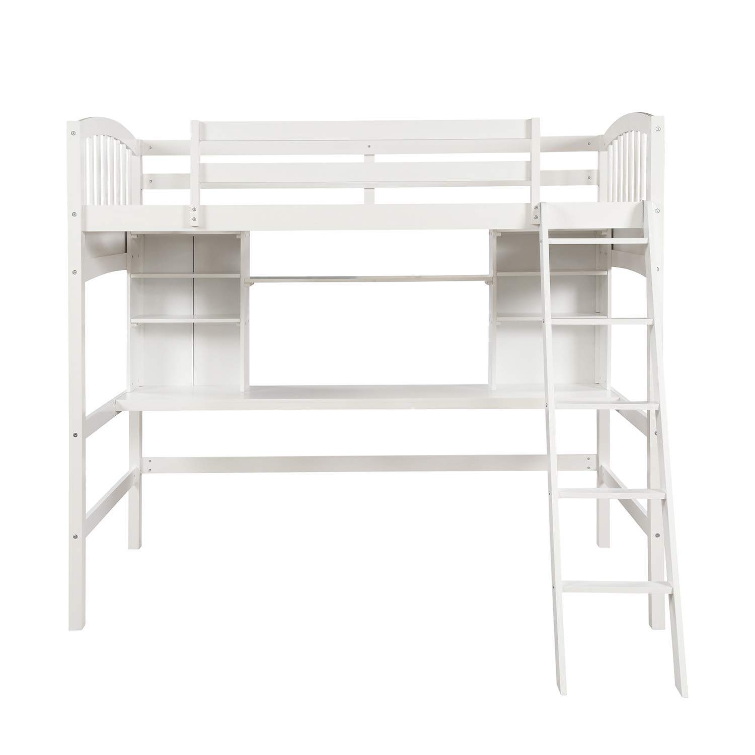 Merax Twin Loft Bed with Desk - Solid Wood Twin Size Loft Bed Frame with Shelves in White | Space-Saving Kids Bedroom Furniture for Small Rooms & Dorm Organization