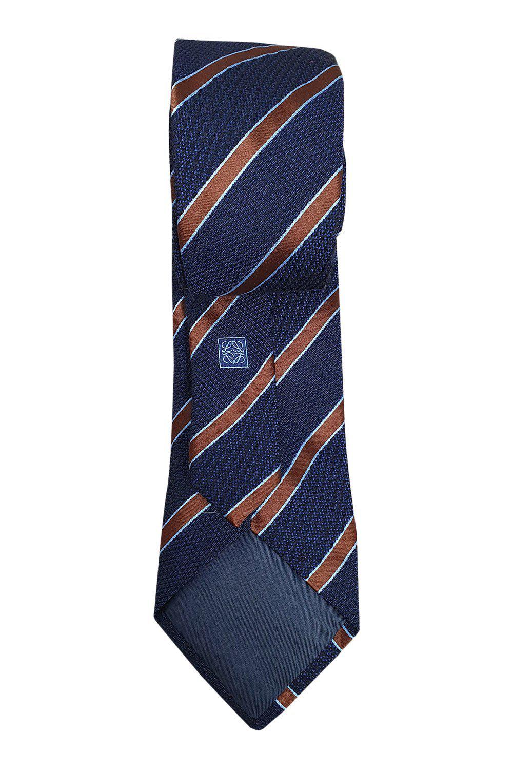 LOEWE 100% Silk Men's Necktie - Dark Blue with Bronze & Light Blue Stripes Pattern (60