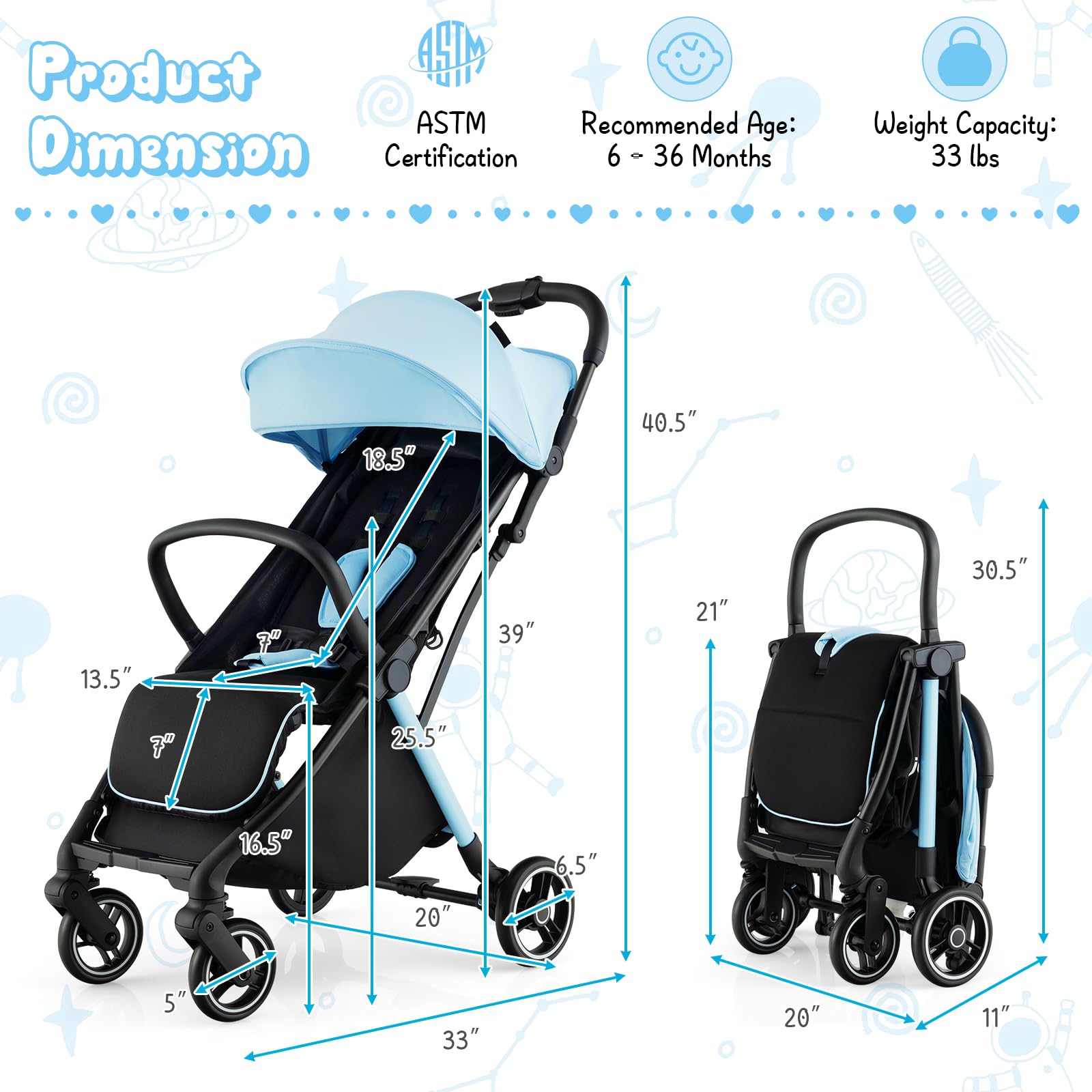 HONEY JOY Lightweight Baby Stroller - Compact Travel Stroller for Airplane, Fits in Cabin & Overhead Bin | One-Hand Gravity Fold, Self-Standing Toddler Stroller with Adjustable Backrest & Canopy (Blue) | Perfect for Air Travel, Shopping, and Daily Walks
