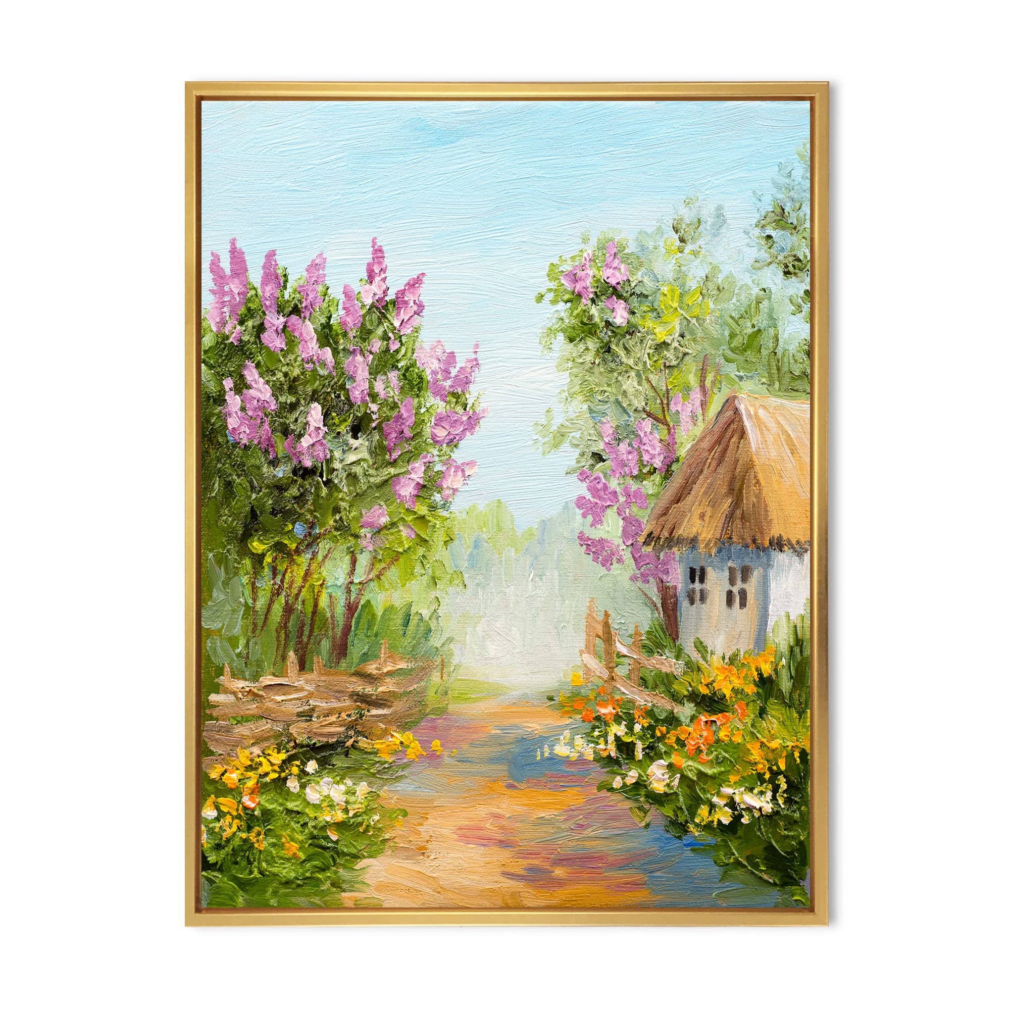 DesignQ Little House In The Blossoming Forest - Lake House Framed Canvas Wall Art Print - Nature Inspired Home Decor for Living Room, Bedroom & Office