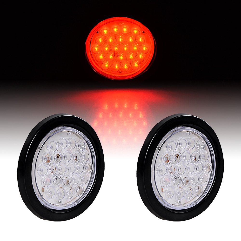 40PCS 4 Inch Round Red 24-LED Clear Lens Tail Lights - Stop, Brake, Running & Park Lamps with Grommet & Plug - Compatible with Truck, Trailer, RV, ATV, UTV, Boat - Perfect for Night Driving and Safety Lighting