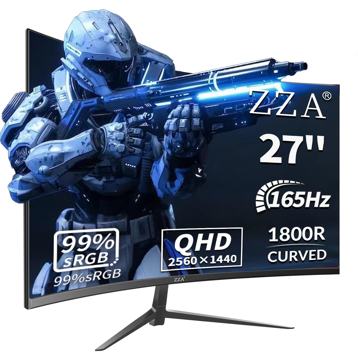 ZZA 27 Inch QHD 2560x1440 Gaming Monitor - 165Hz 1ms Fast IPS, 1800R Curved, 99% sRGB HDR, HDMI 2.0 & DP 1.4, VESA Mount, Eye Care - Perfect for Esports, PC Gaming & Home Office Workstations