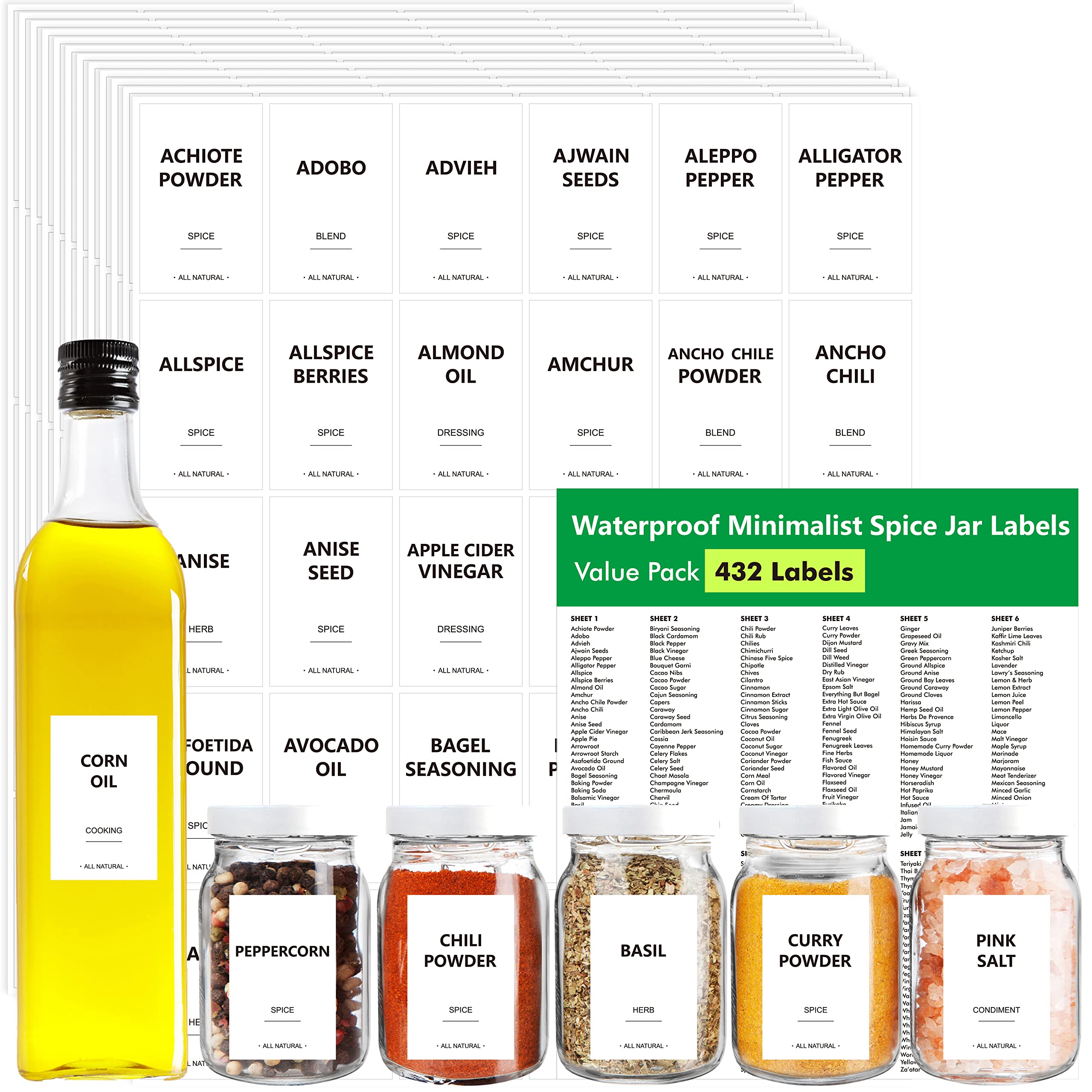 Hebayy 432 Removable Rectangular Spice Labels - 396 Preprinted Herb & Seasoning Stickers + 36 Blank Labels | Waterproof, Tear-Resistant, No Residue | Perfect for Kitchen Pantry, Spice Jars, Oil & Vinegar Bottles | Organize Your Spice Rack & Cooking Essentials