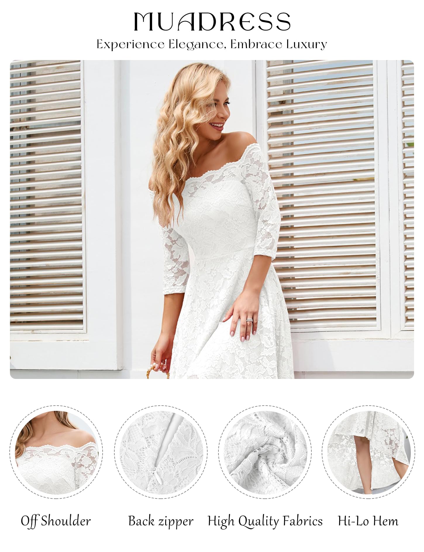 MUADRESS Women's Floral Lace Bridesmaid Party Dress - High Low Hem V-Neck Formal Wedding Guest Dress for Cocktail Parties, Evening Events & Special Occasions