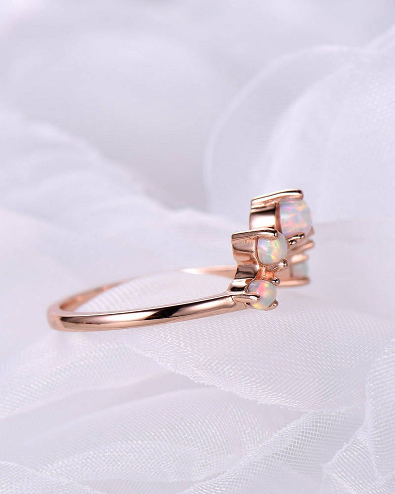 Art Deco 14K Rose Gold Opal Wedding Band - Stackable Curved Bridal Ring Set, Promise Ring for Women, Anniversary Gift for Her - Perfect for Engagement, Wedding, Stacking & Special Occasions