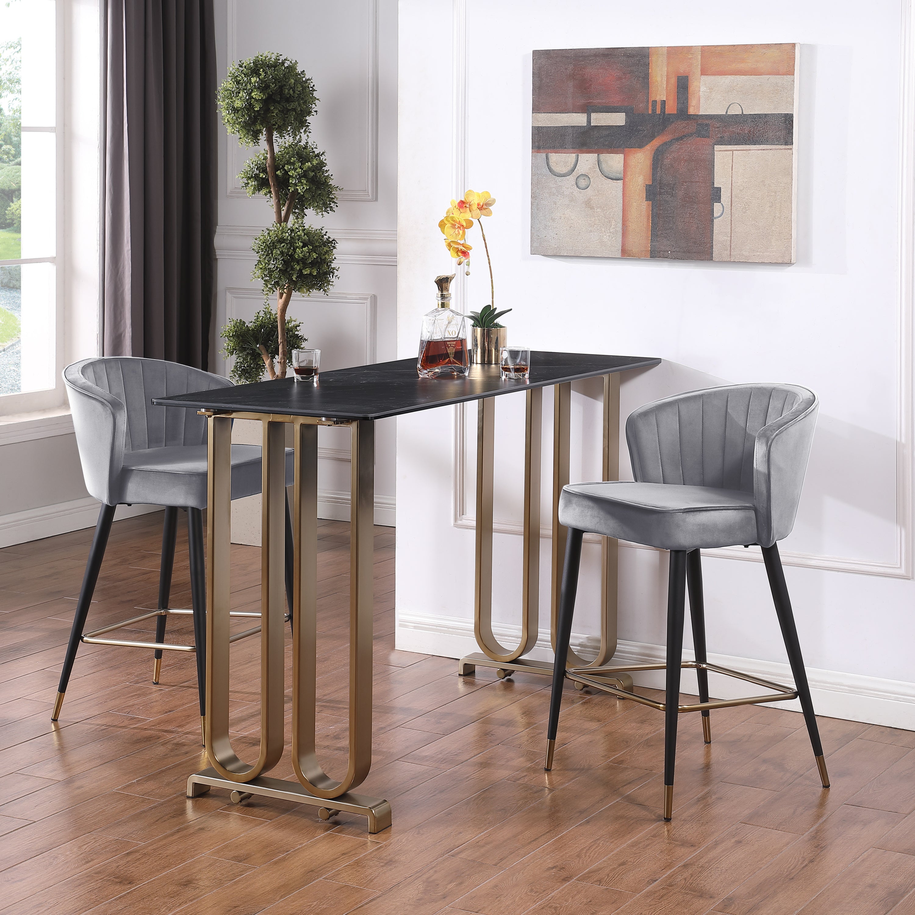 Modern Velvet Counter Height Bar Stool with Deep Channel Tufting & Gold-Tipped Black Metal Legs - 20