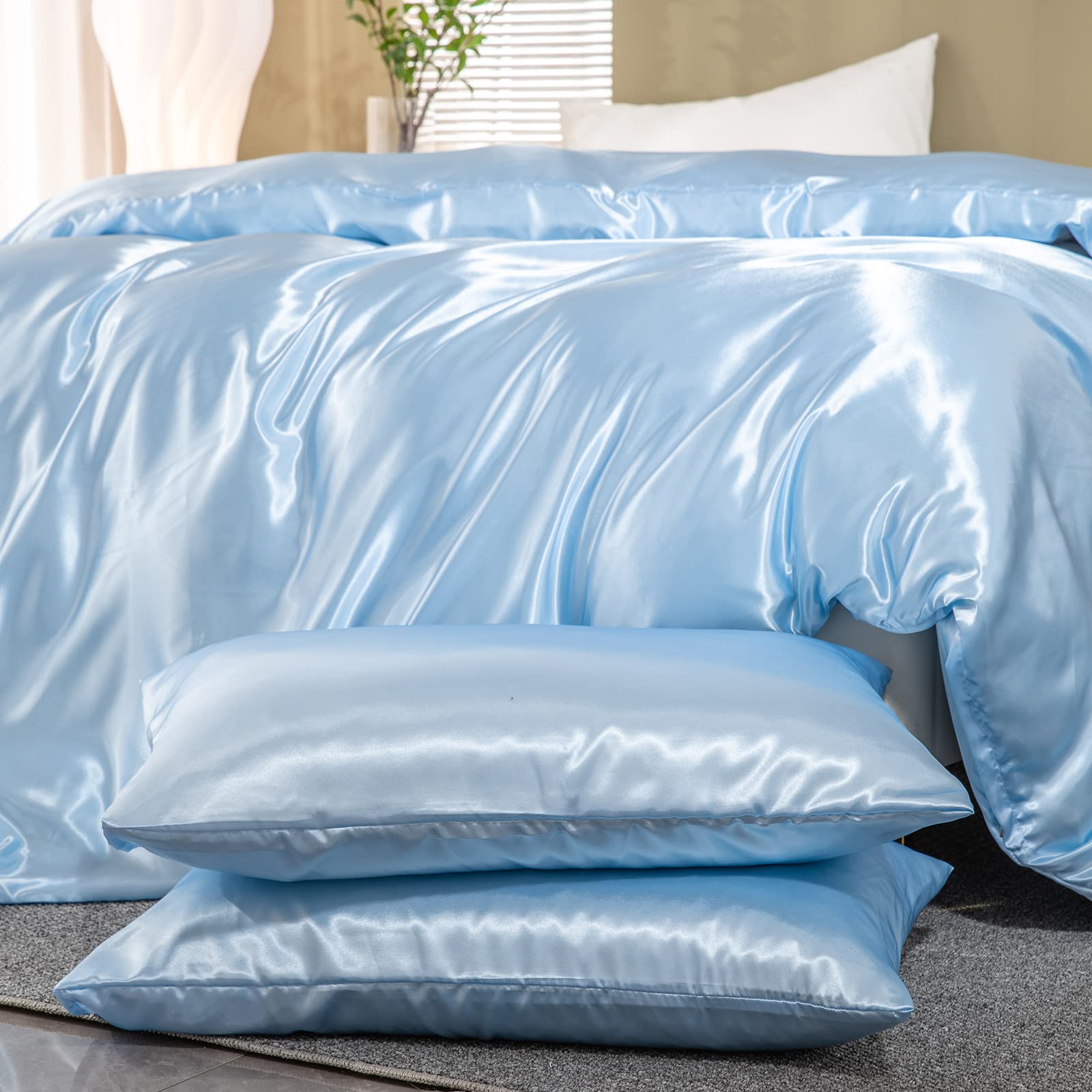 Luxury Satin Duvet Cover Queen Size - Silky Soft Blue Bedding Set with Zipper Closure - 3 Piece Comforter Cover Set (Queen, Blue) for Master Bedroom, Guest Room & Hotel Decor