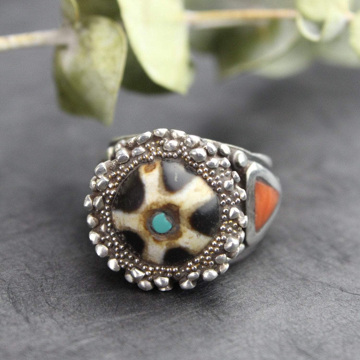 Stunning Agate Dzi Bead & Coral Statement Ring - Tibetan Inspired Jewelry for Women | Perfect for Boho Fashion, Spiritual Healing & Unique Gift Giving