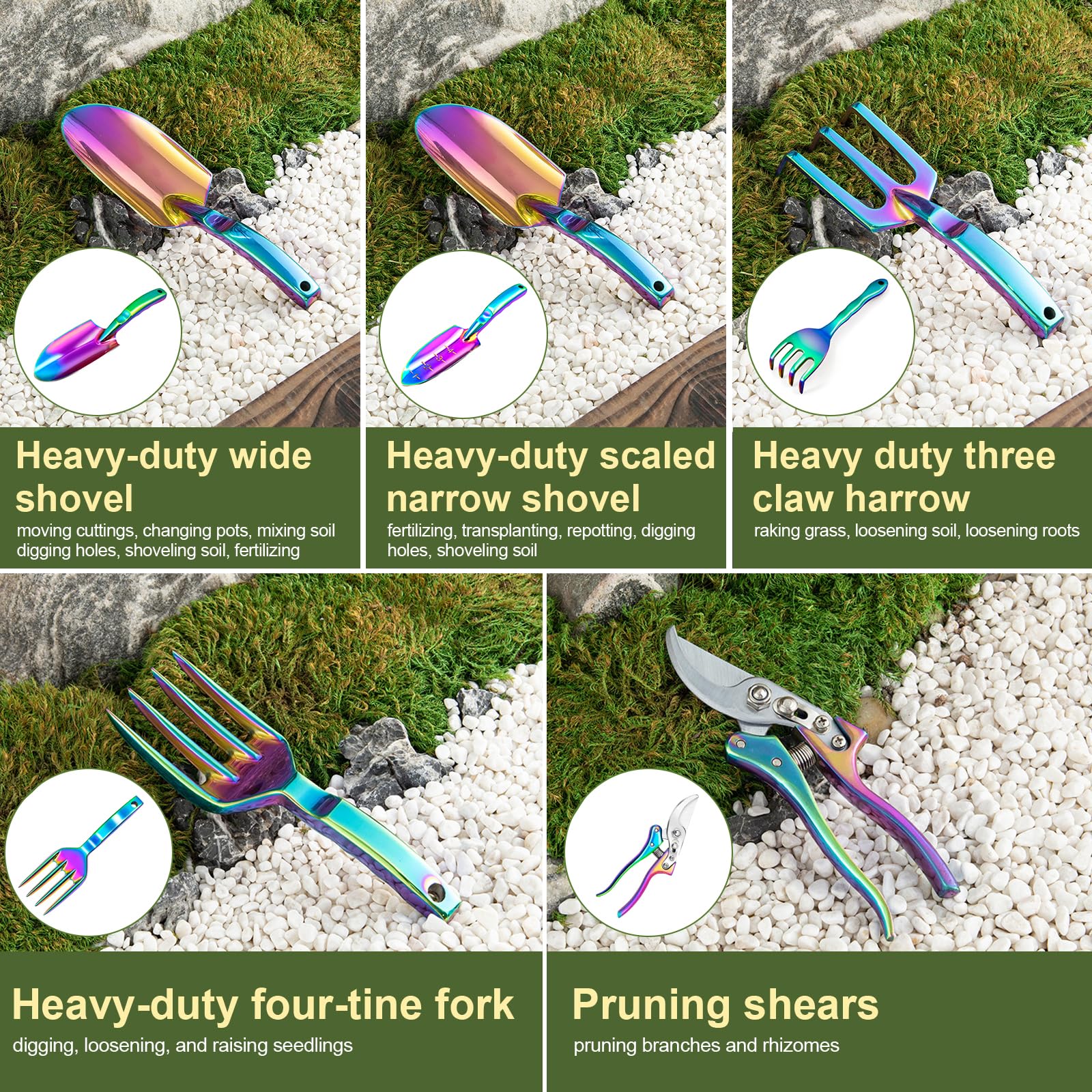 Rainbow Gardening Tool Set - 5 Piece Hand Tools Kit with Shovel, Pruning Shears & Hand Fork | Durable Gardening Supplies for Women | Perfect for Home Garden, Flower Beds & Outdoor Planting