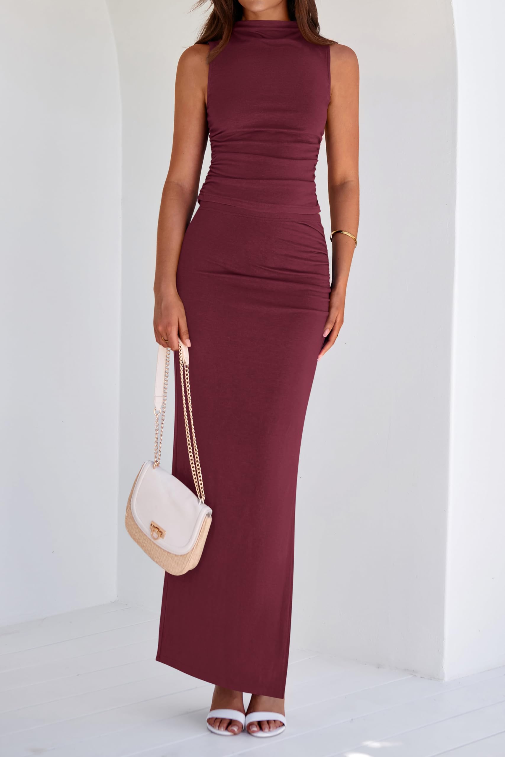 BTFBM Women's Summer Two Piece Outfit - Lightweight Mock Neck Sleeveless Knit Top with Maxi Skirt Set | Casual Going Out Dress for Beach, Vacation & Date Night