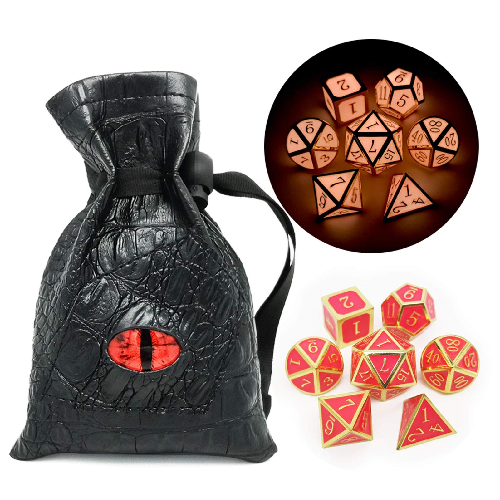 Haxtec Glow in The Dark Metal DND Dice Set - Gold & Pink D&D Dice for Dungeons and Dragons RPG Games | Perfect for Nighttime Gaming, Tabletop Roleplaying & Collectors (Glowing Red/Cream Pink)