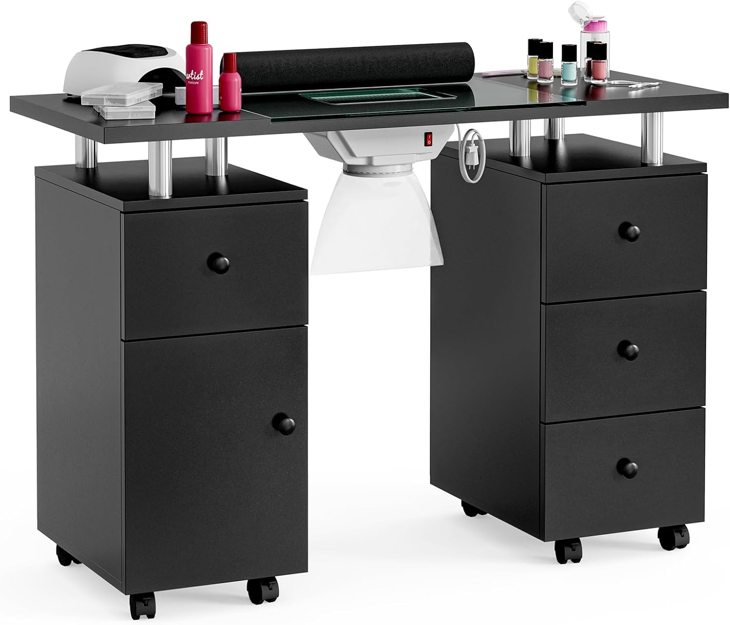 Professional Manicure Table with Glass Top - Electric Downdraft Ventilation, Wrist Cushion, Lockable Wheels & Storage Drawers - Perfect for Nail Salons, Home Studios & Mobile Nail Technicians (Black-Glass Design)