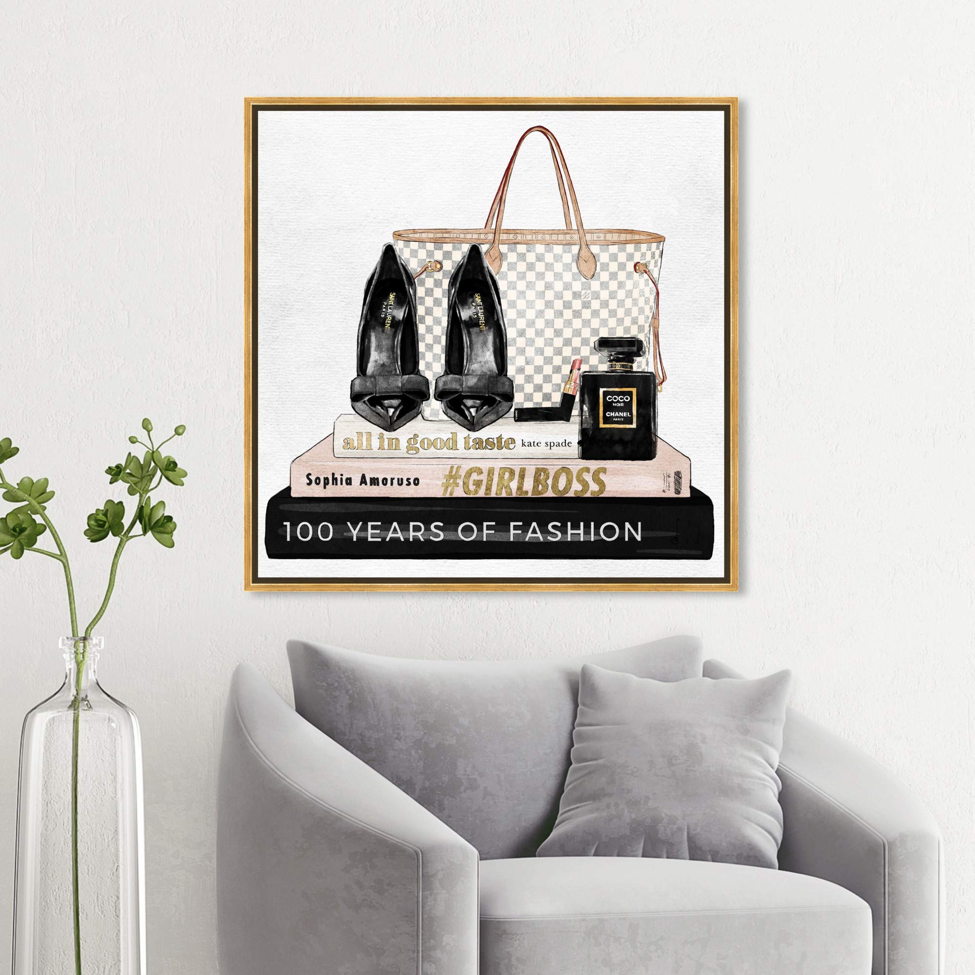 Oliver Gal Artist Co. 'Going Out Books' Fashion Wall Art Canvas Print - 30x30 Inches Gold Framed Home Decor for Living Room, Bedroom & Office