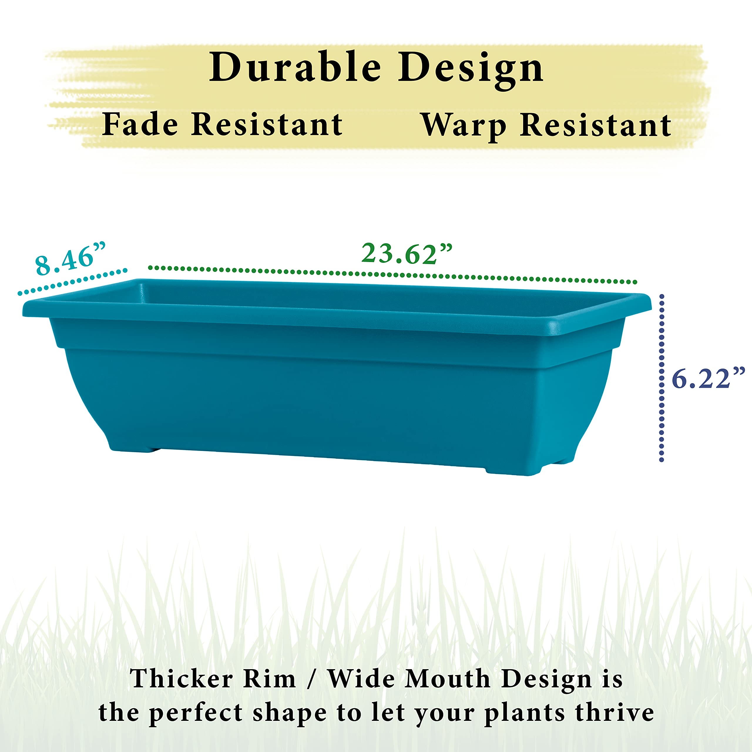 24 Inch Rectangle Planter Box - Indoor/Outdoor UV Resistant Plastic Window Box Trough (4 Gallon, Blue, 4 Pack) - Perfect for Herbs, Succulents, Vegetables - Ideal for Windowsills, Balconies, Gardens & Patios