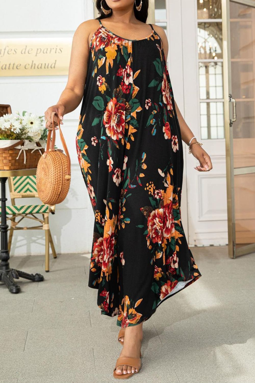 Plus Size Floral Print Spaghetti Strap Wide Leg Jumpsuit for Women - Comfortable Summer Romper for Beach, Vacation & Casual Outings