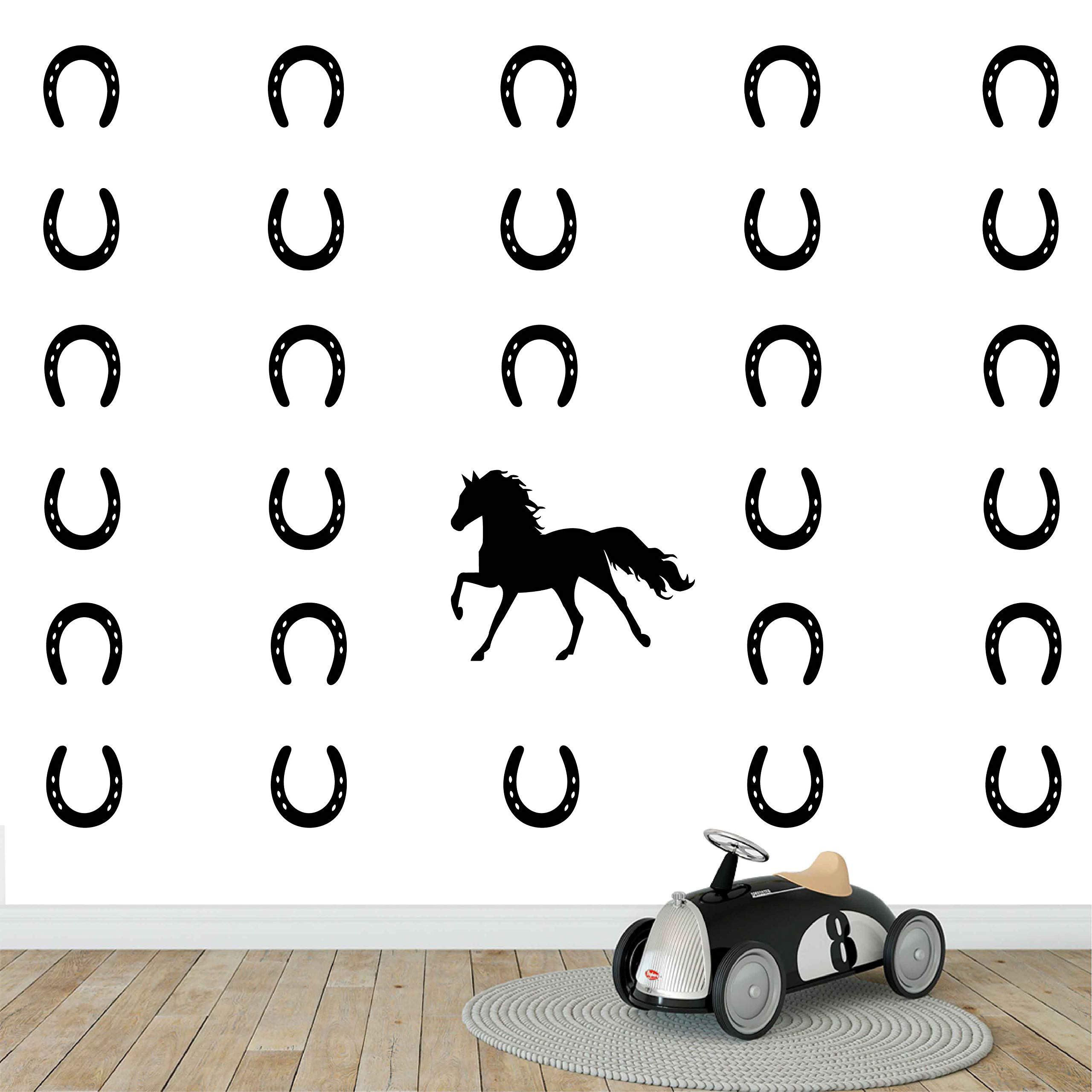 DXLING Horse & Horseshoes Removable Wall Decals - Vinyl Stickers for Kids Room & Boys Bedroom - DIY Home Decor Art (Black) - Perfect for Nursery, Playroom & Western Themed Decorations