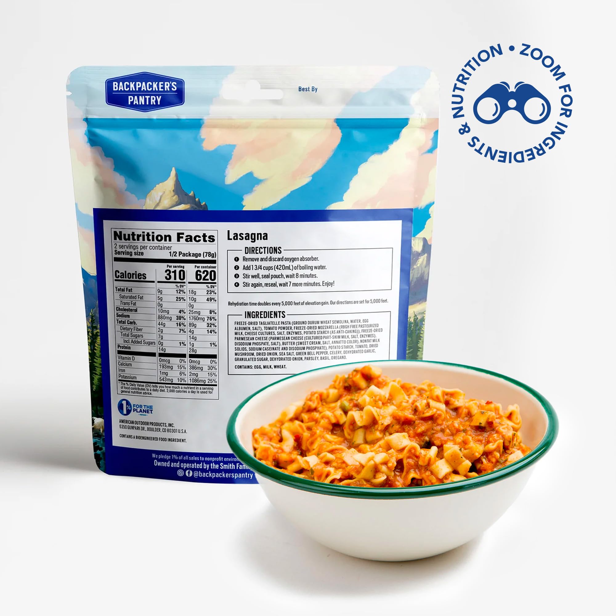 Backpacker's Pantry Freeze Dried Lasagna - High Protein Vegetarian Camping Food (28g Protein) - 6 Pack - Perfect for Backpacking, Hiking & Emergency Preparedness