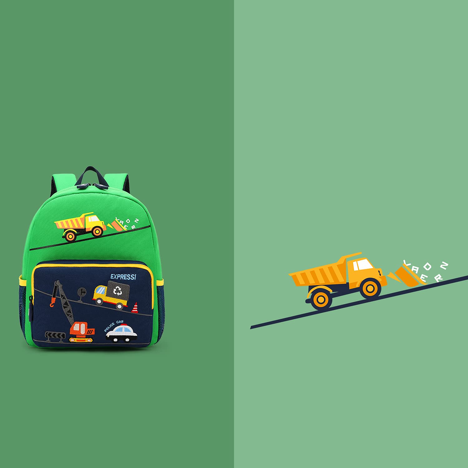 Dinosaur Kids Backpack for Boys & Girls - Waterproof Toddler Backpack for Preschool, Daycare & Travel - Cute Green Bus Design for School Supplies & Outdoor Adventures