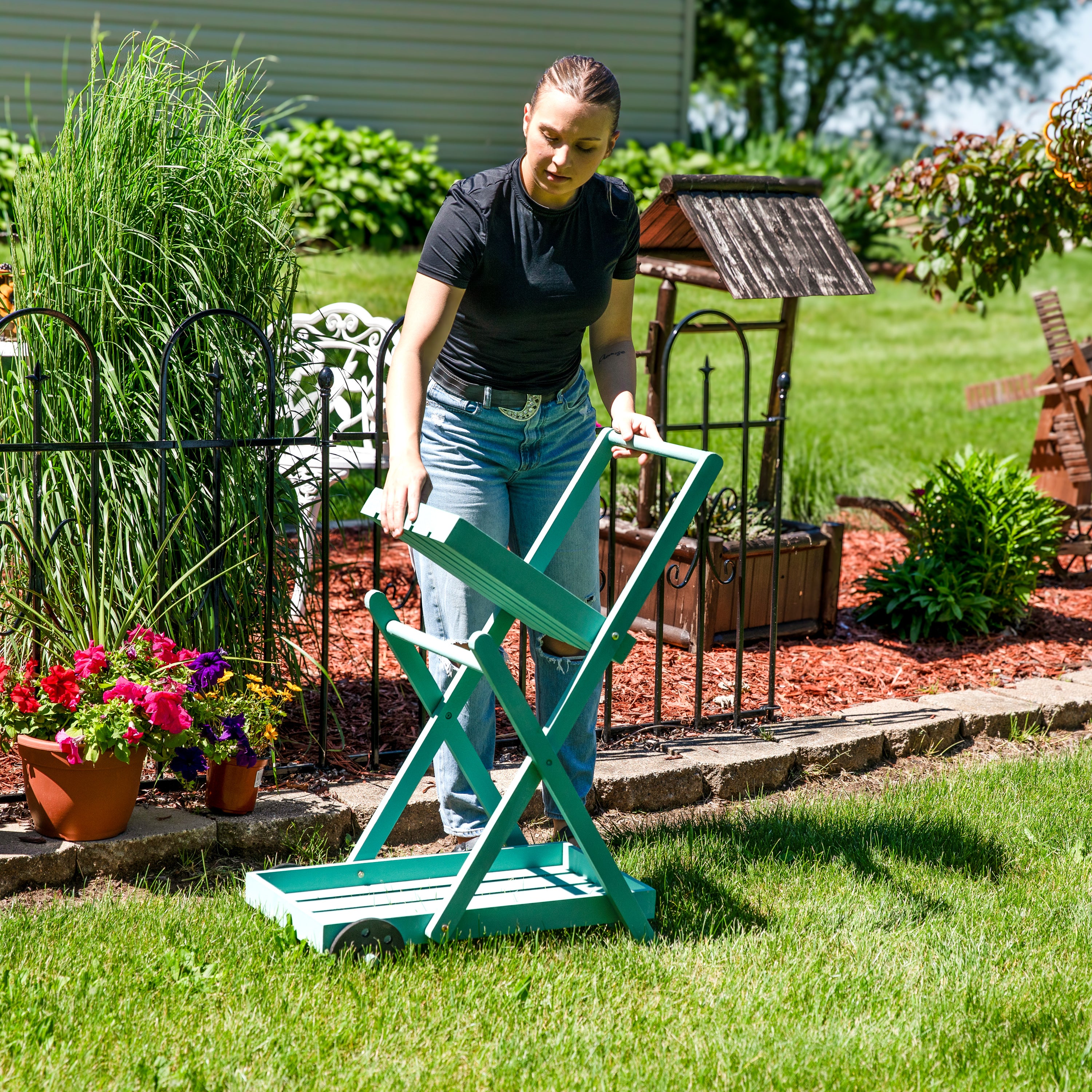 2 Tiered Flower Garden Cart by Sunnydaze - 34 Inch Height, Robin Egg Blue - Perfect for Outdoor Gardening, Patio Decor & Plant Display