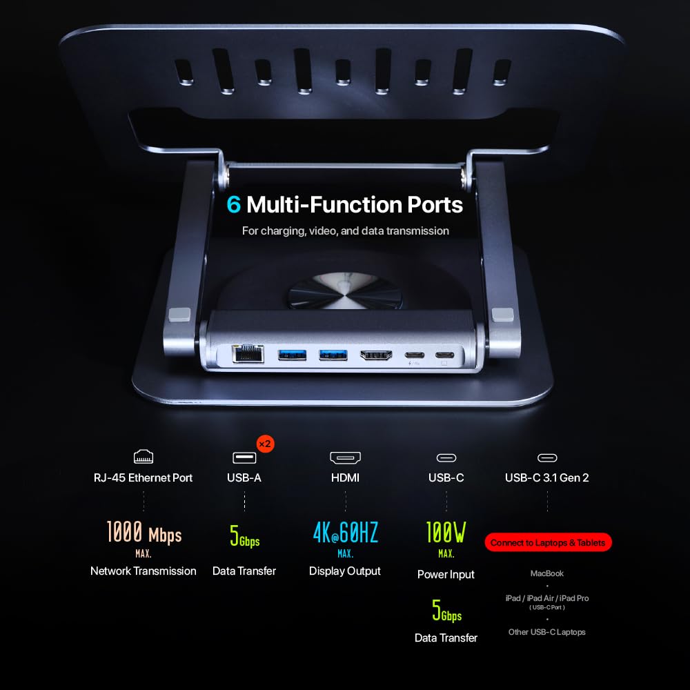 ADAM elements USB-C Stand Pro 6-in-1 Laptop Docking Station for MacBook Pro/Air M1/M2, iPad Pro & Windows Laptops - USB-C Hub with HDMI, 2x USB-A, PD Charging, Ethernet Port - Perfect for Home Office & Workspace Setup