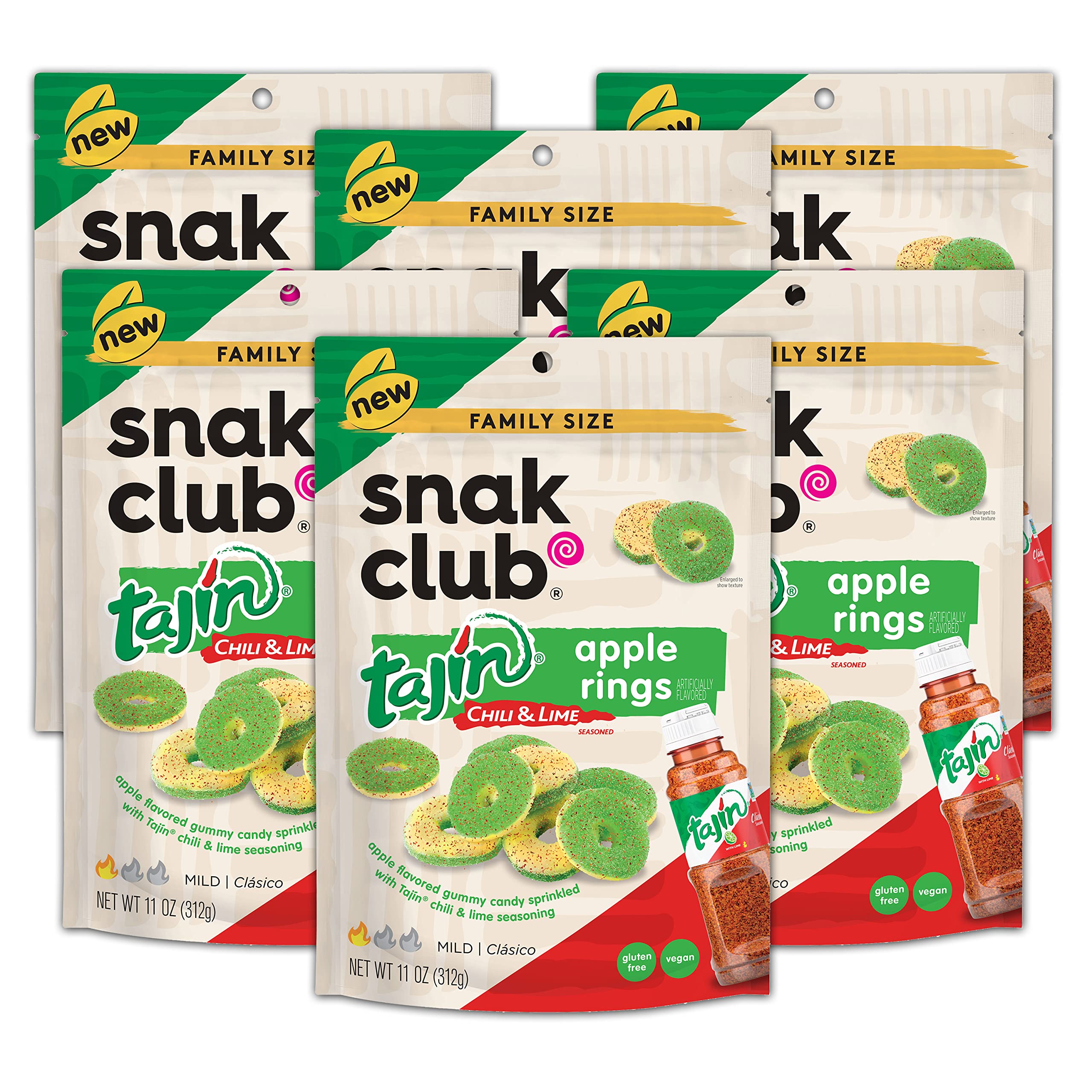 Snak Club Tajin Apple Rings - Sweet & Tangy Gummy Fruit Snacks, 11oz Resealable Bag (6-Pack) | Perfect for Lunchboxes, Movie Nights & On-the-Go Snacking