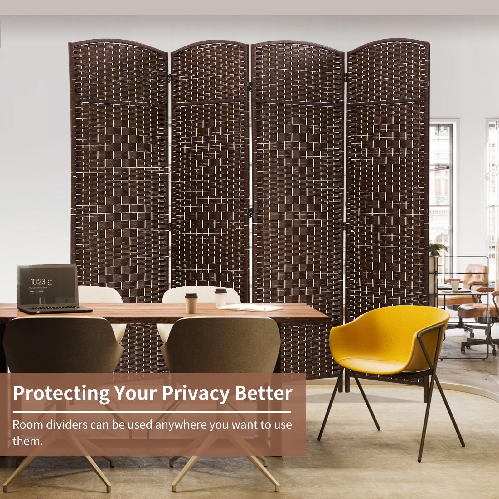 BLKMTY 4-Panel Folding Room Divider Screen - Extra Wide Tall Freestanding Privacy Partition for Living Room, Bedroom, Study - Brown Fiber Space Separator | Perfect for Home Office, Studio, or Event Space Division