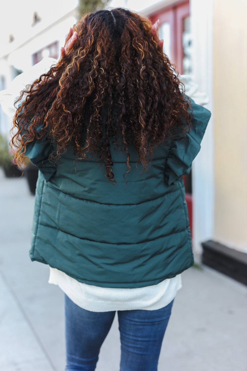 Stylish Hunter Green Quilted Puffer Vest with Ruffle Sleeves & Zipper - Perfect for Winter Fashion, Outdoor Activities & Holiday Outfits