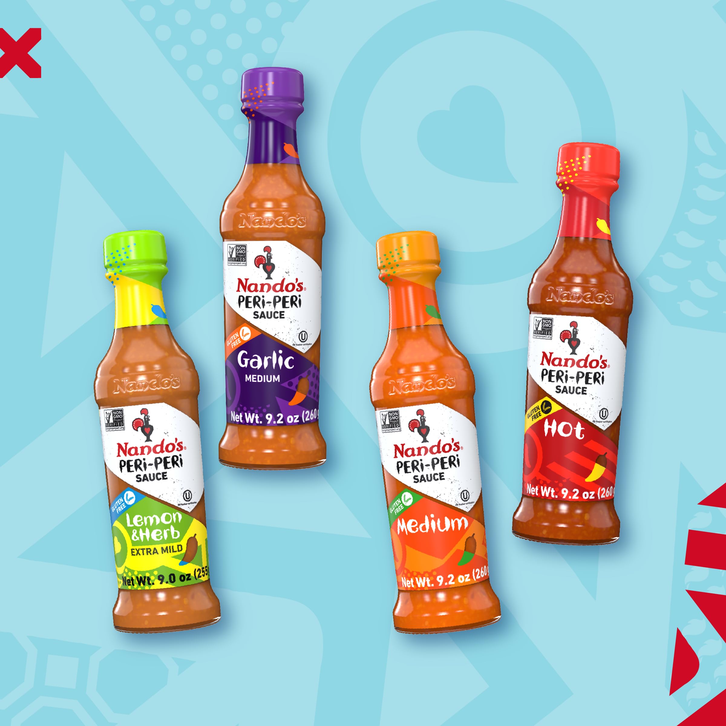 Nando's PERi-PERi Hot Sauce Variety Gift Pack - Medium, Hot, Garlic, Lemon & Herb Piri Piri Sauces (4 Pack, 9.1 oz) | Flavorful & Gluten-Free Hot Sauce Gift Set | Perfect for Wings, Grilling, Marinades & Dipping Sauces