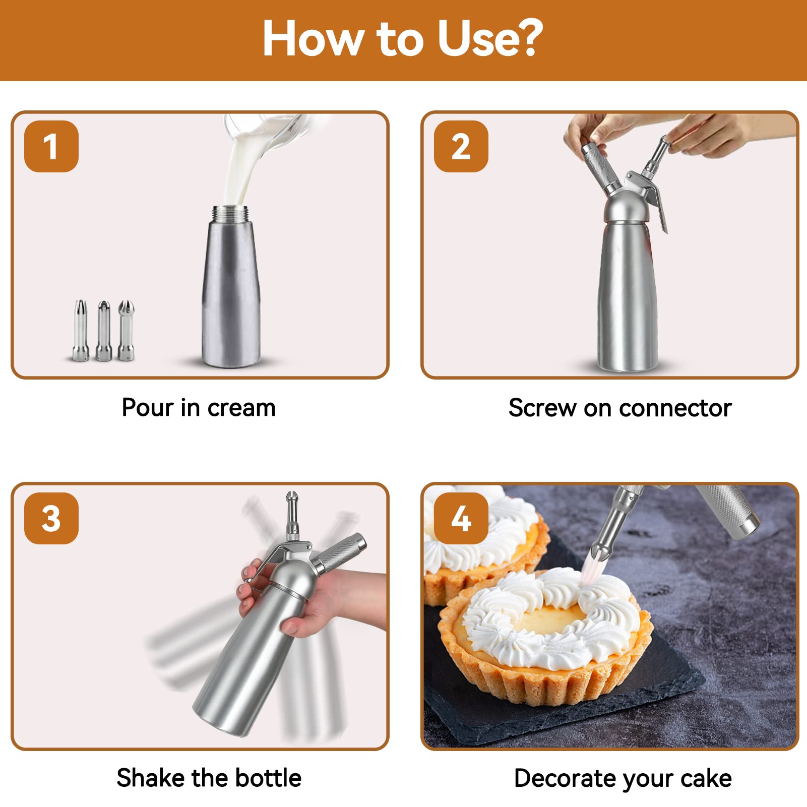 Stainless Steel Whipped Cream Dispenser Tips - 3pcs Cake Decorating Nozzles for Dessert & Pastry Decorating - Durable Whipper Nozzle Replacement Parts for Professional Baking, Home Kitchen, and Party Dessert Making