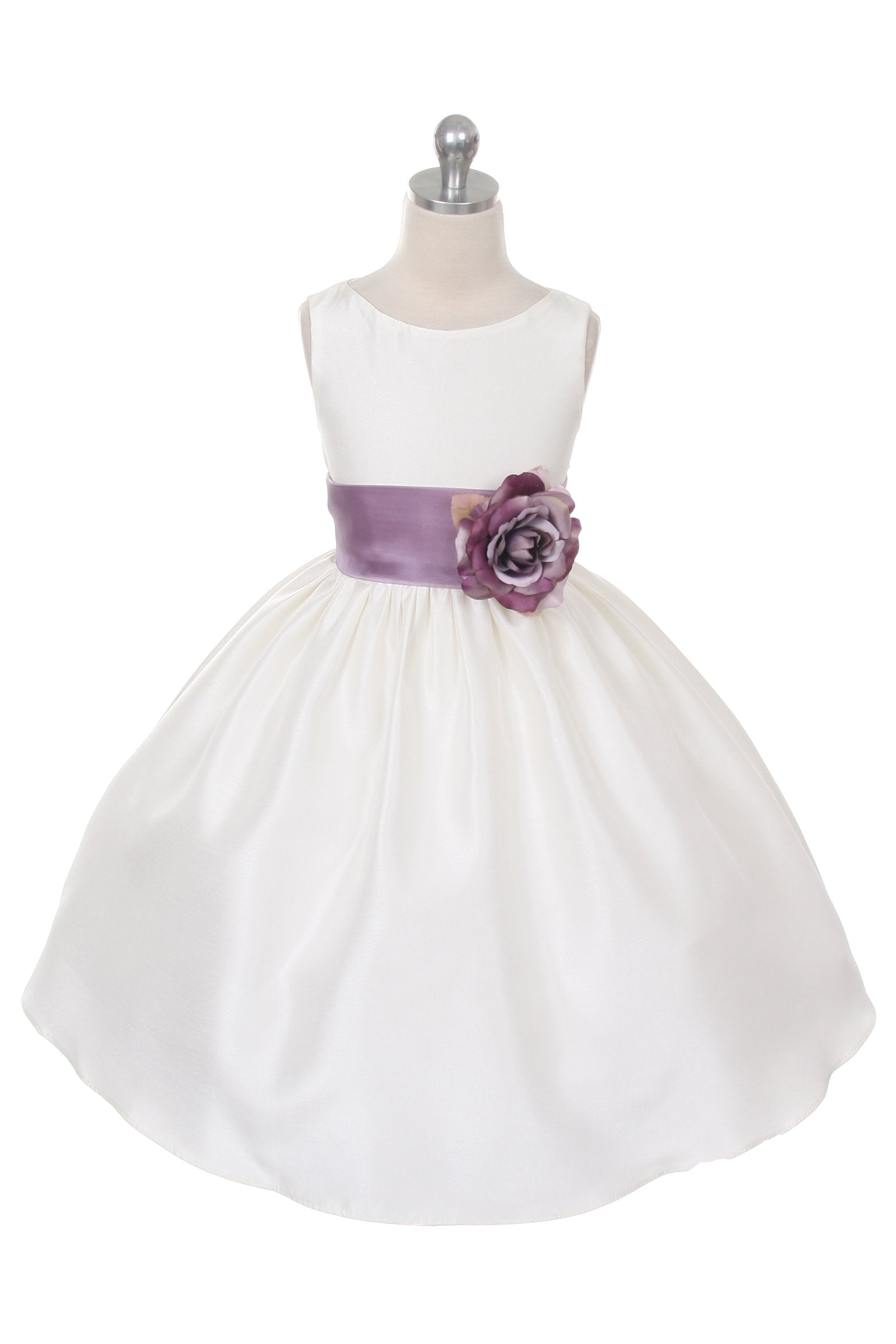 Ivory Classic Poly Silk Girls Dress with Organza Sash - Elegant Flower Girl Dress for Weddings, Parties & Special Occasions
