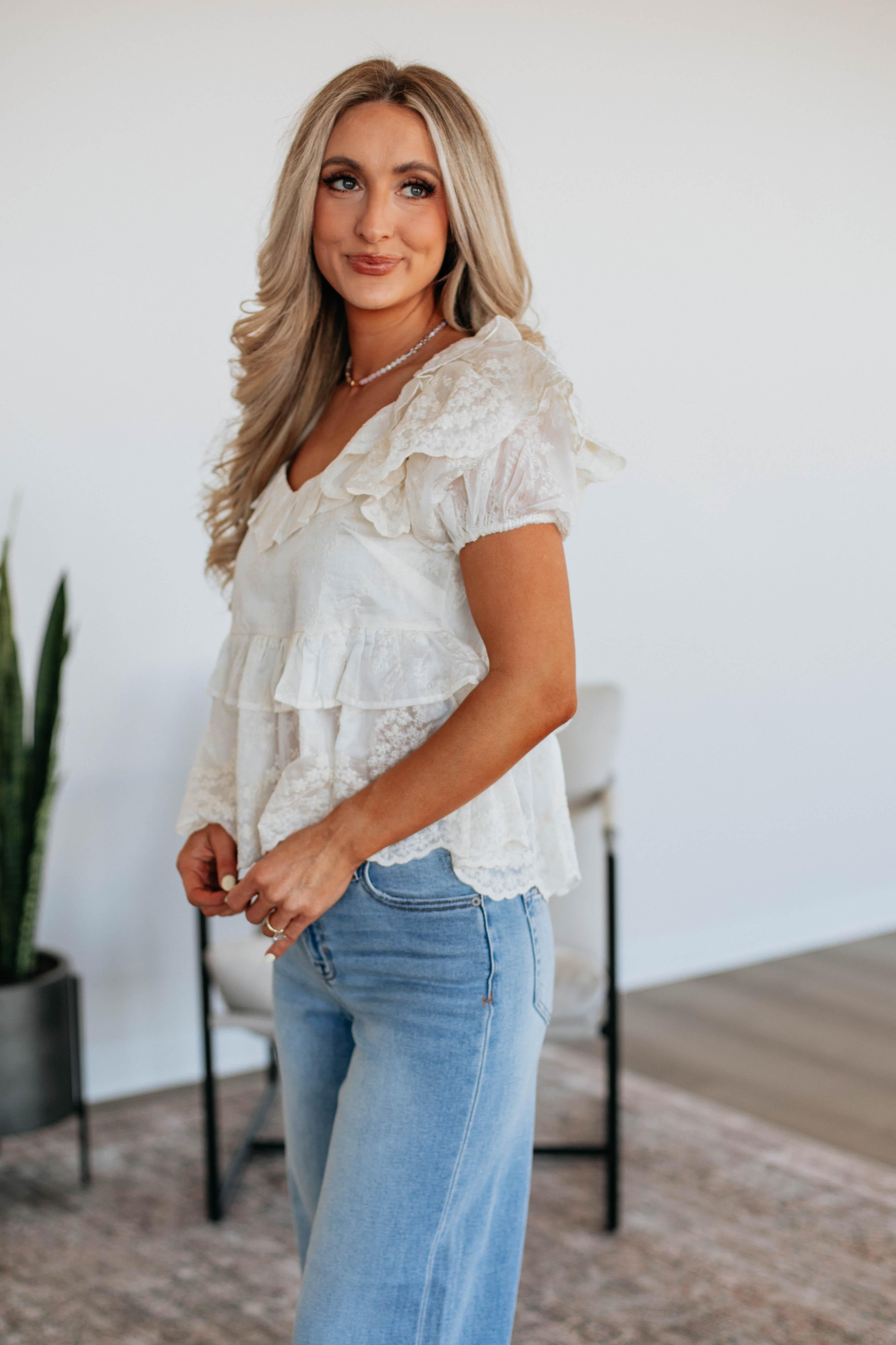 Ambrosia Babydoll Top in Ecru - Flirty & Feminine Lace Crop Top for Date Night & Special Occasions