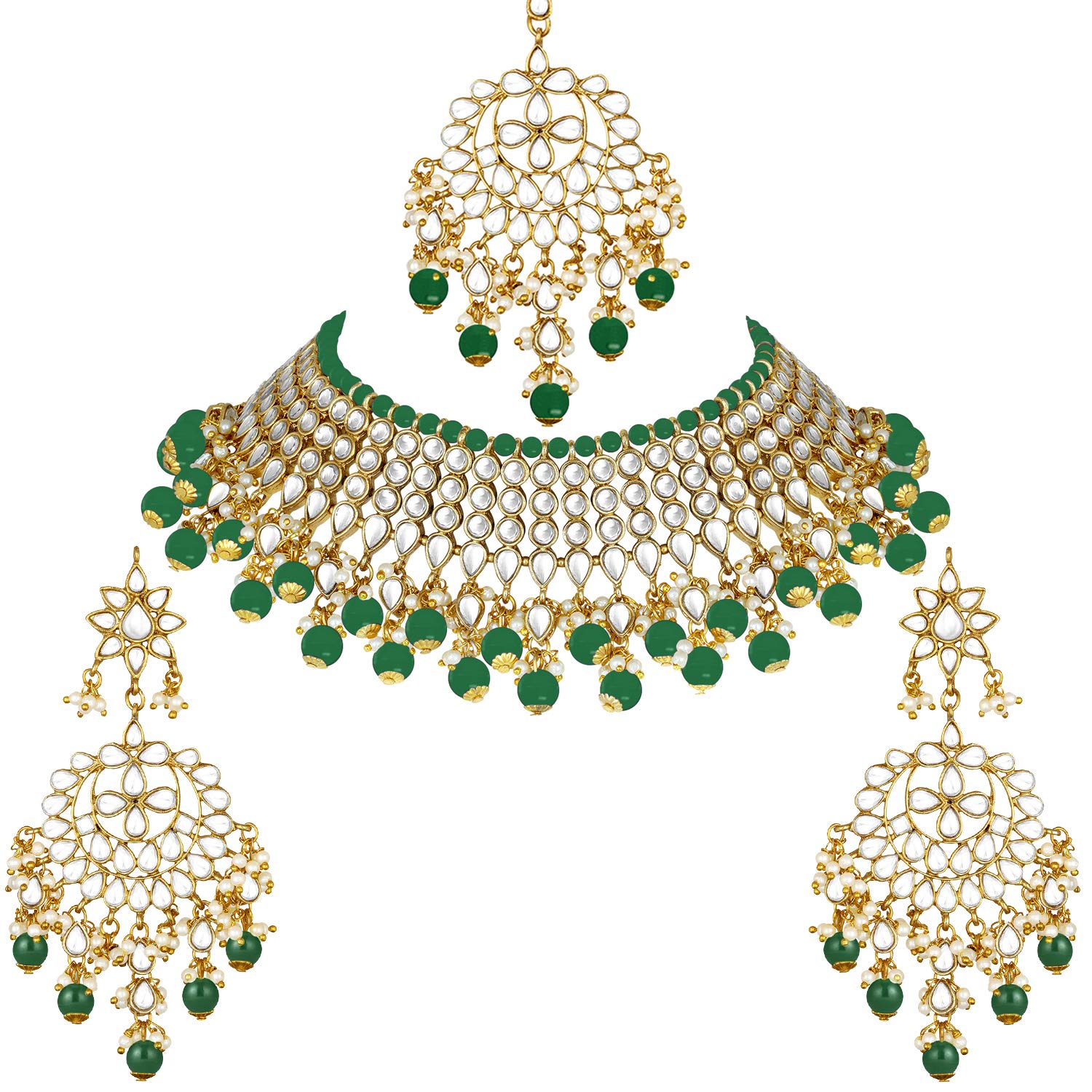 Elegant White Pearl Faux Kundan Choker Necklace Set with Earrings & Maang Tikka | Indian Traditional Bollywood Bridal Jewelry for Women | Perfect for Weddings, Festivals & Special Occasions