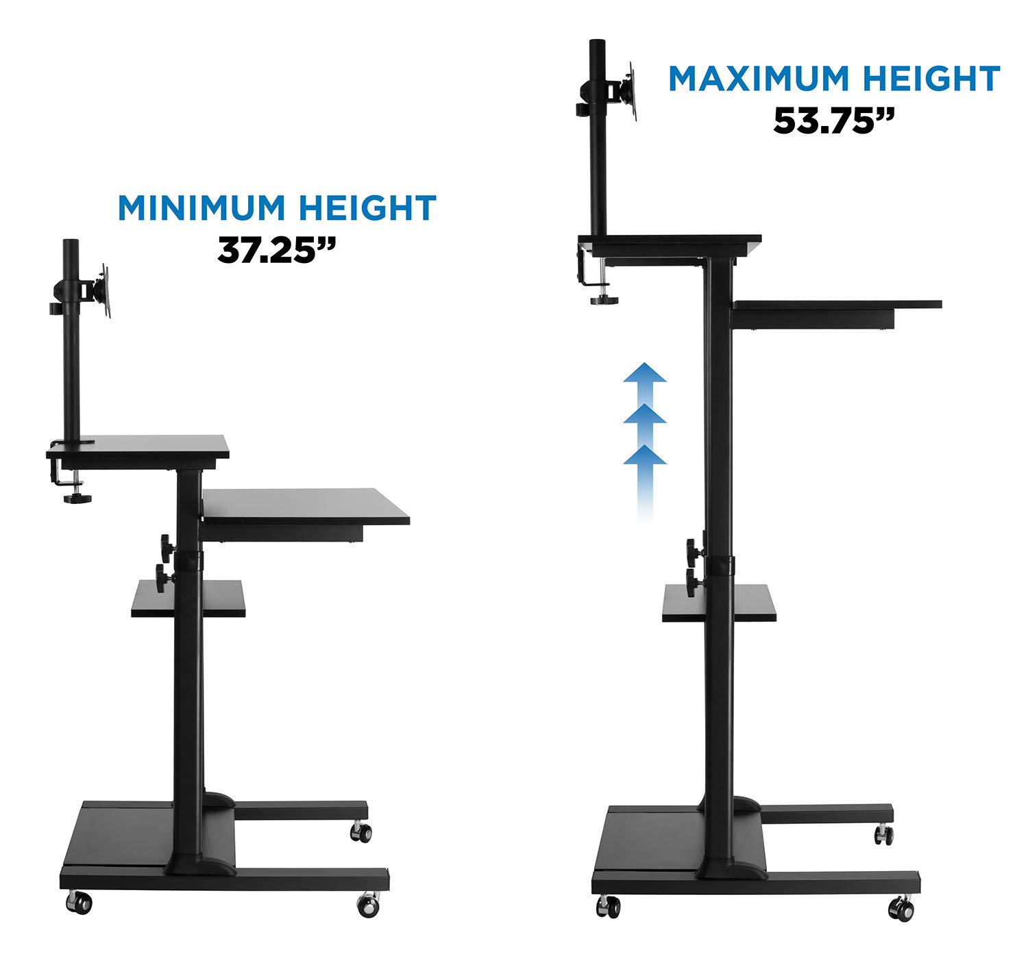 Mount-It MI-7942B Adjustable Mobile Standing Desk - Rolling Workstation with Monitor Arm for Home & Office - Ergonomic Height-Adjustable Computer Cart (Black) | Perfect for Remote Work, Presentations & Small Spaces