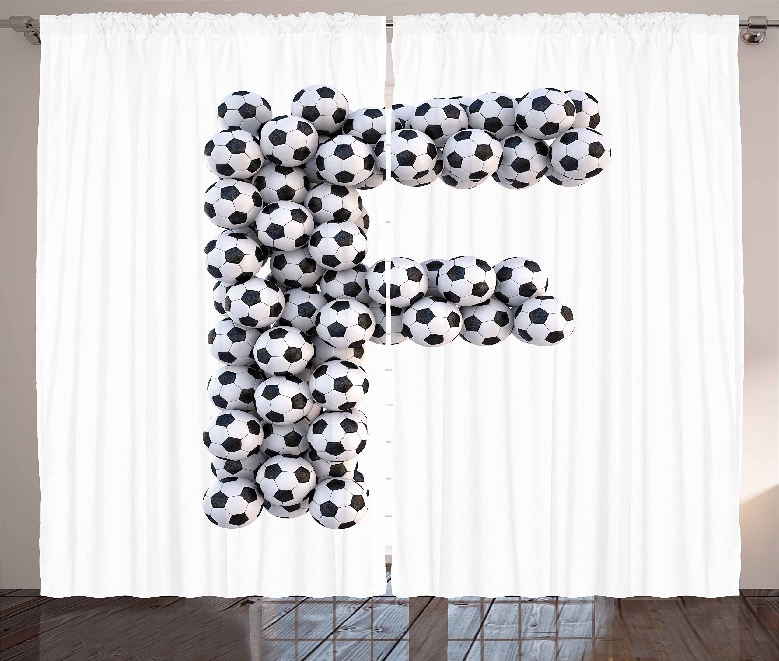 Ambesonne Letter F Black and White Soccer Ball Curtains - 2 Panel Set, 108