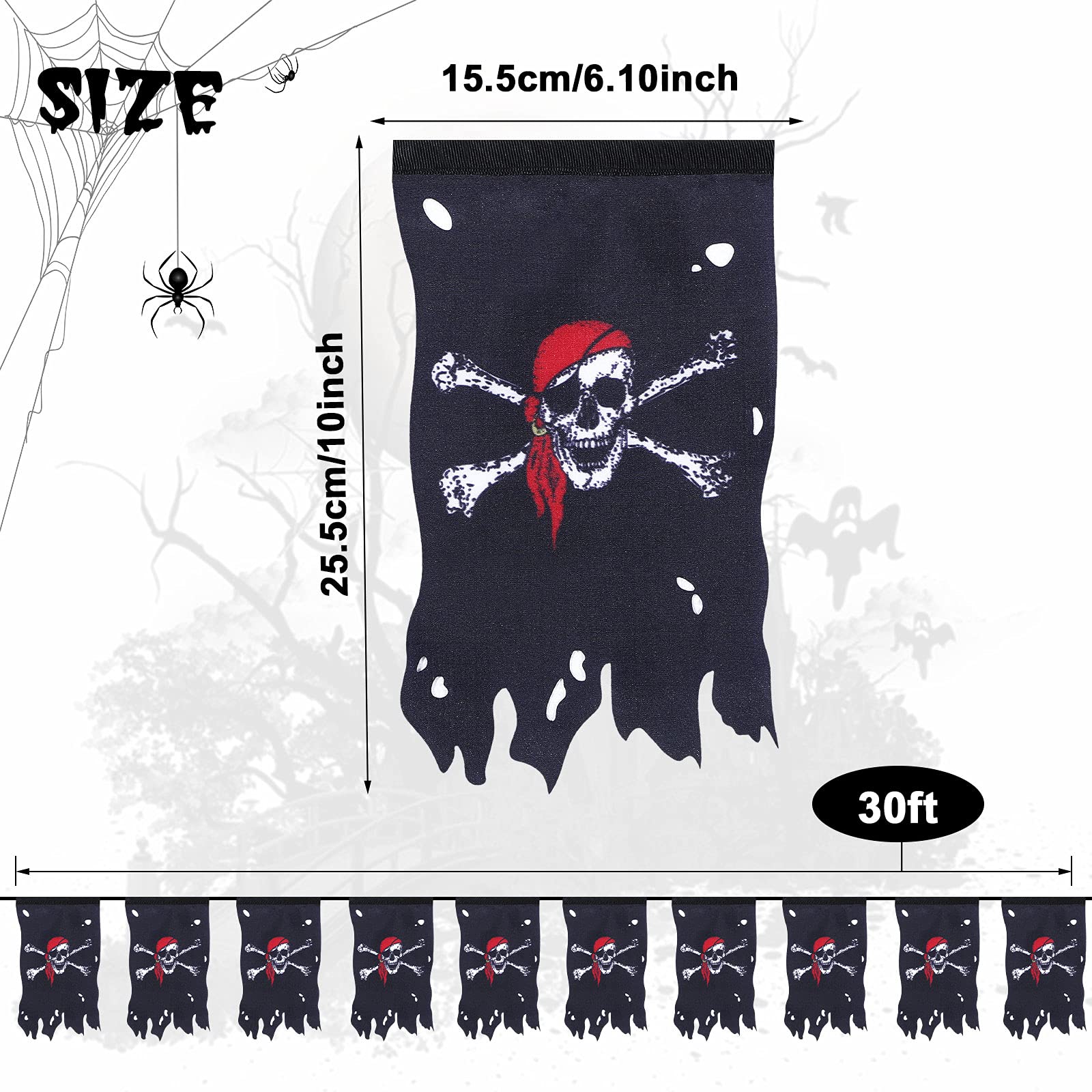 Tatuo 90 Feet Long Pirate Flag Banner - Jolly Roger Skull & Crossbones Decor for Halloween Parties, Pirate Themed Events & Nautical Room Decor - Natural Style