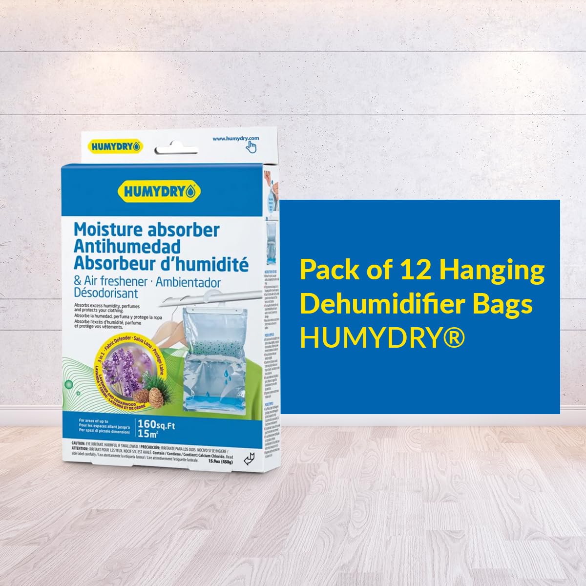 HUMYDRY® 12-Pack Hanging Dehumidifier Bags - 15.9 oz Moisture Absorbers with Lavender & Cedar Scent - Covers Up to 200 sq. FT - Ideal for Closets, Basements, Bathrooms, RVs and Storage Areas