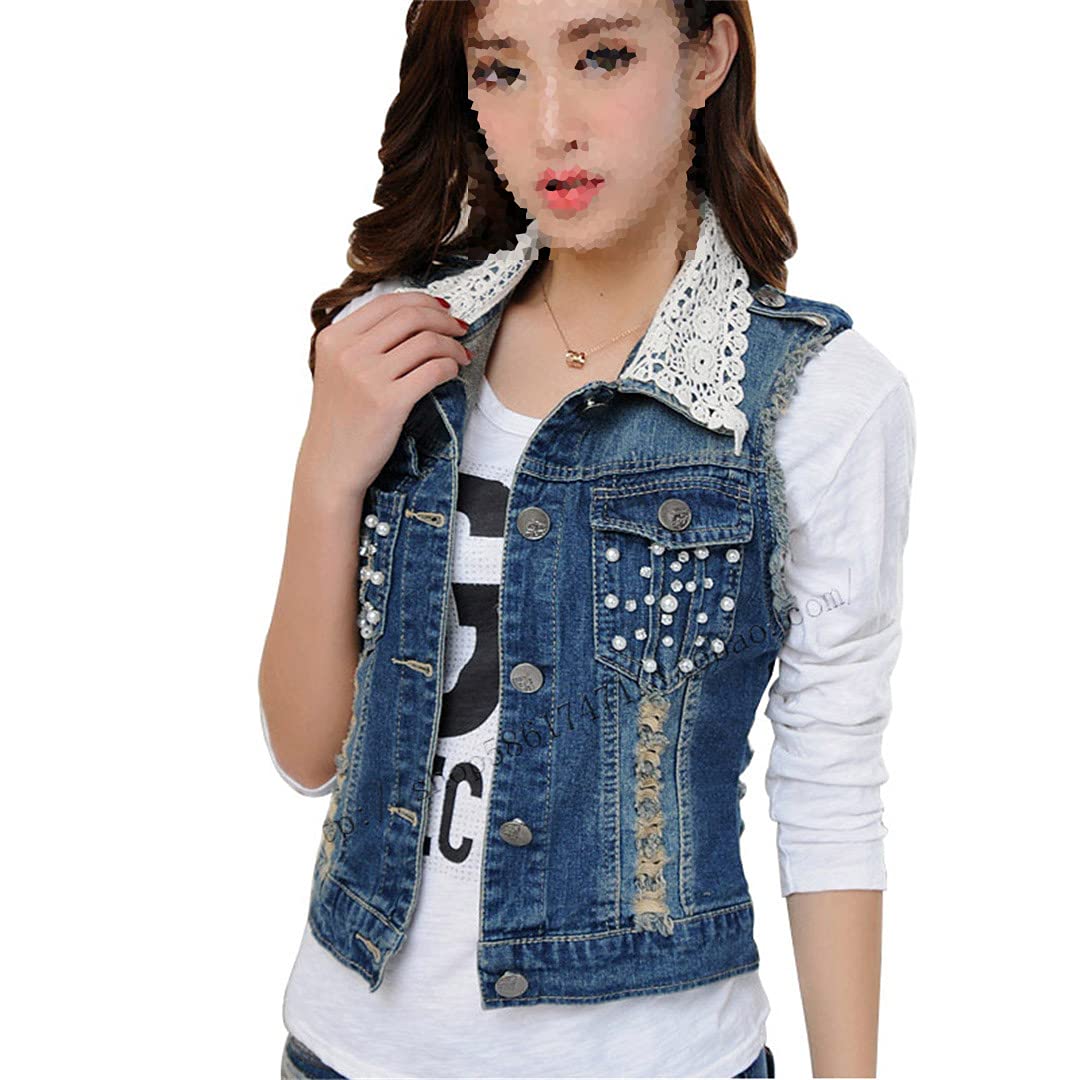 Korean Lace Turn-Down Collar Women's Denim Vest - Beaded Slim Waistcoat Sleeveless Jacket for Casual Outfits & Summer Fashion
