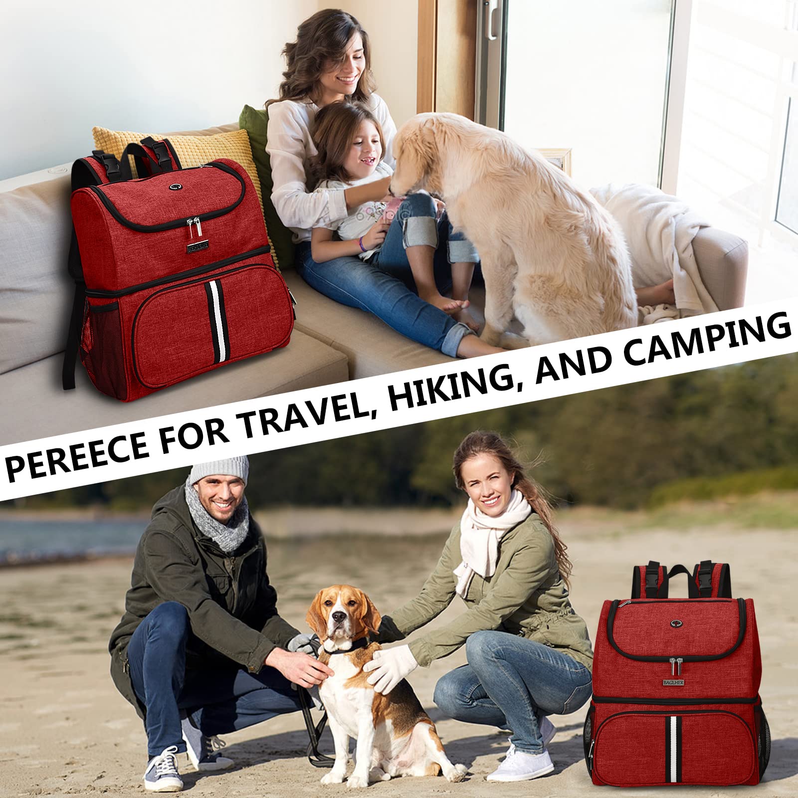 BAGLHER Pet Travel Backpack with Bowls - Double-Layer Pet Supplies for Dogs & Cats - Red