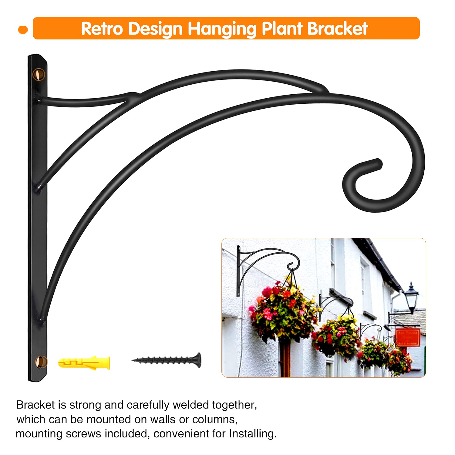 Durable Iron Hanging Plant Brackets - Pack of 2 Weather-Resistant Outdoor Hooks for Plants, Lanterns & Wind Chimes - Includes Screws - Perfect for Porch, Garden & Patio Decor