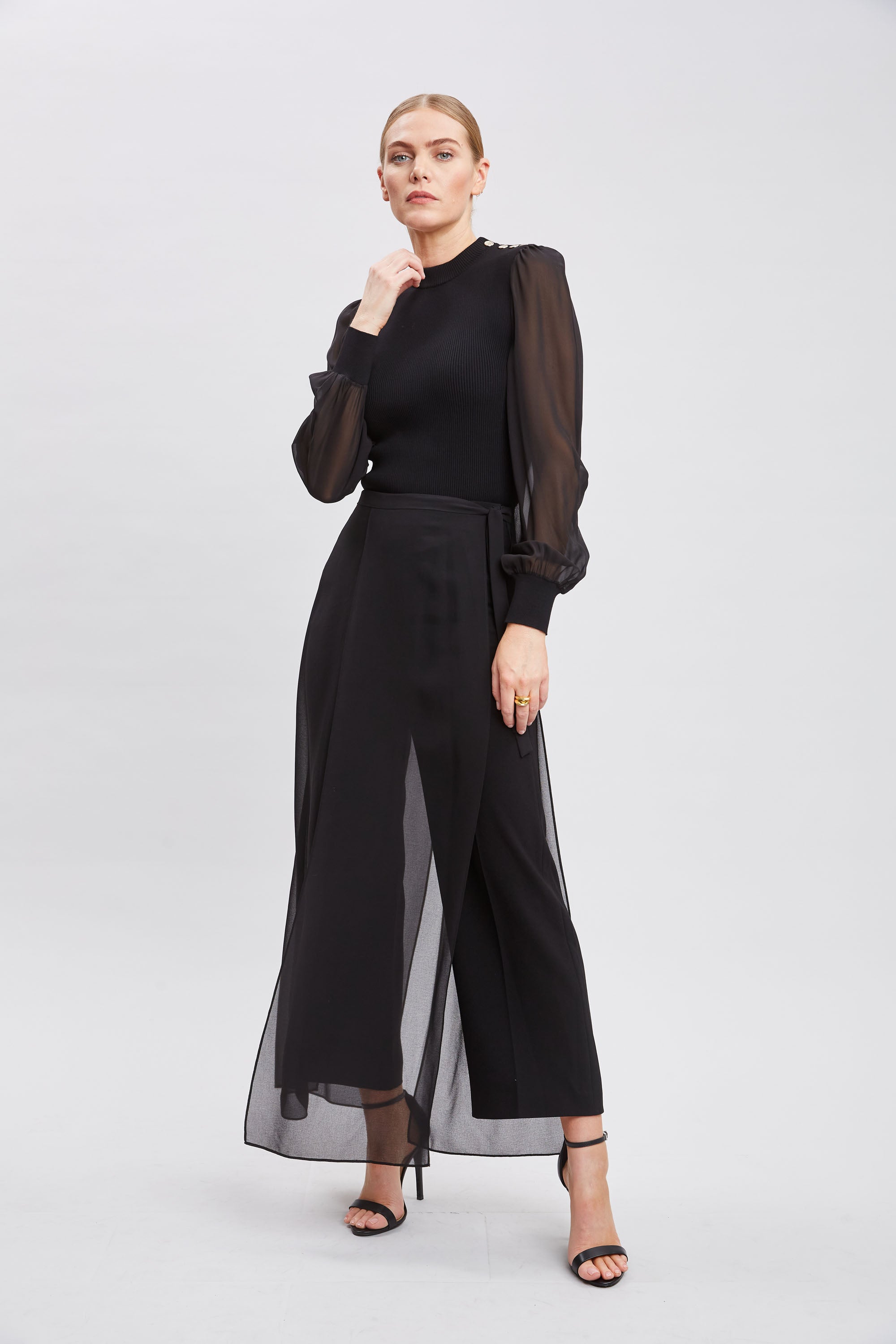 Elegant Chiffon Sleeve Button-Down Knit Top for Women - Perfect for Office Wear, Date Nights & Spring Outfits