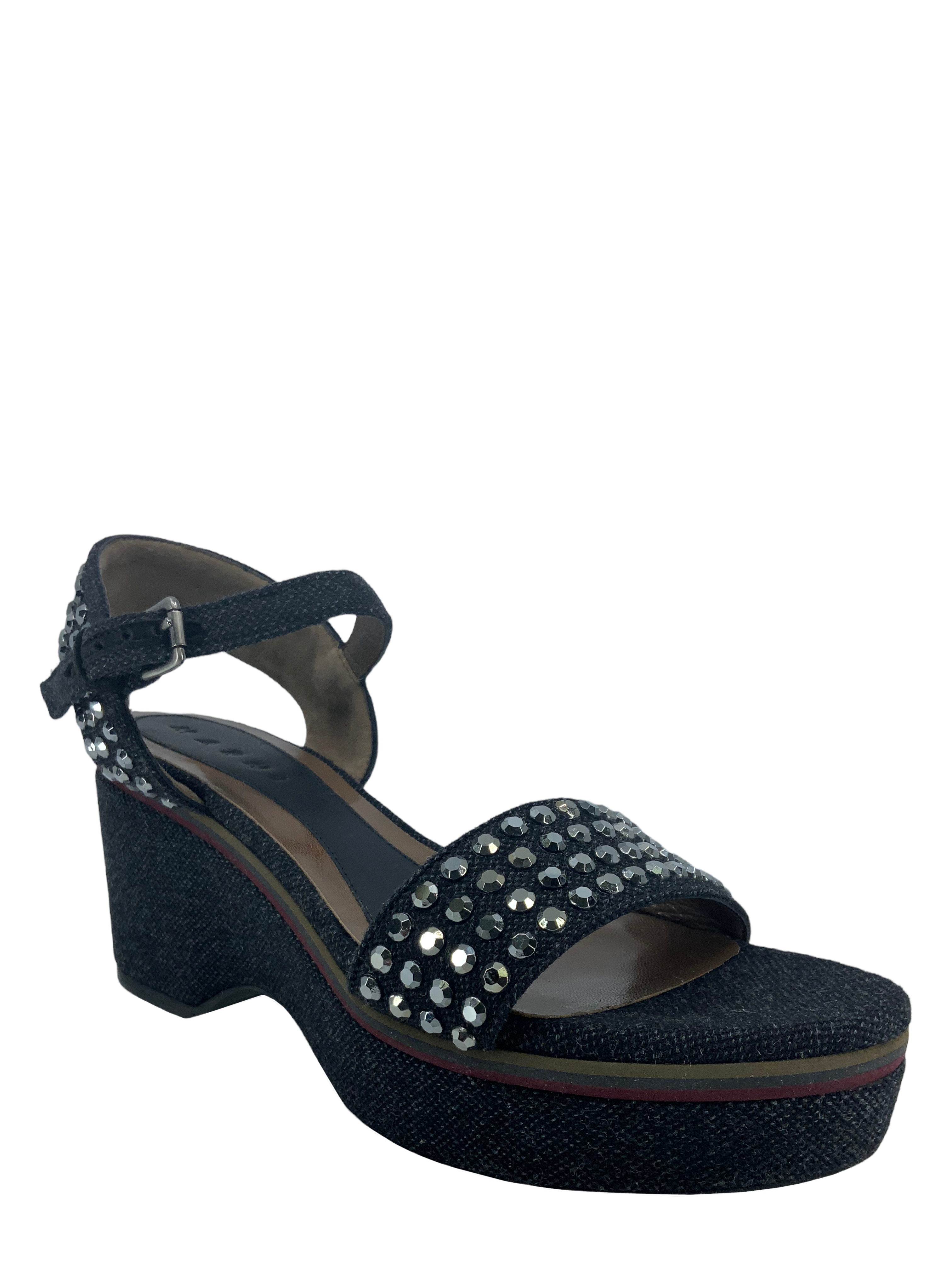MARNI Studded Denim Ankle Strap Wedge Sandals Women Size 9 | Fashion Designer Shoes for Summer Outfits, Parties & Weddings