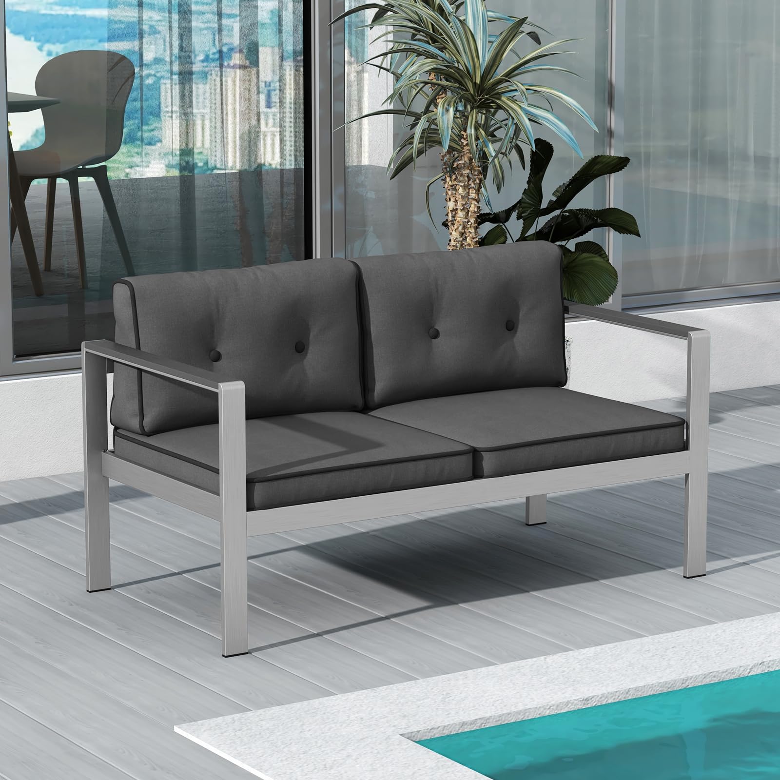 Tangkula Patio Aluminum Loveseat Sofa - Modern 2-Person Outdoor Wicker Chair with WPC Armrests & Comfortable Cushions, Contemporary Balcony Furniture for Backyard, Garden, Deck, Porch (Gray) - Perfect for Relaxing, Entertaining Guests, and Outdoor Lounging