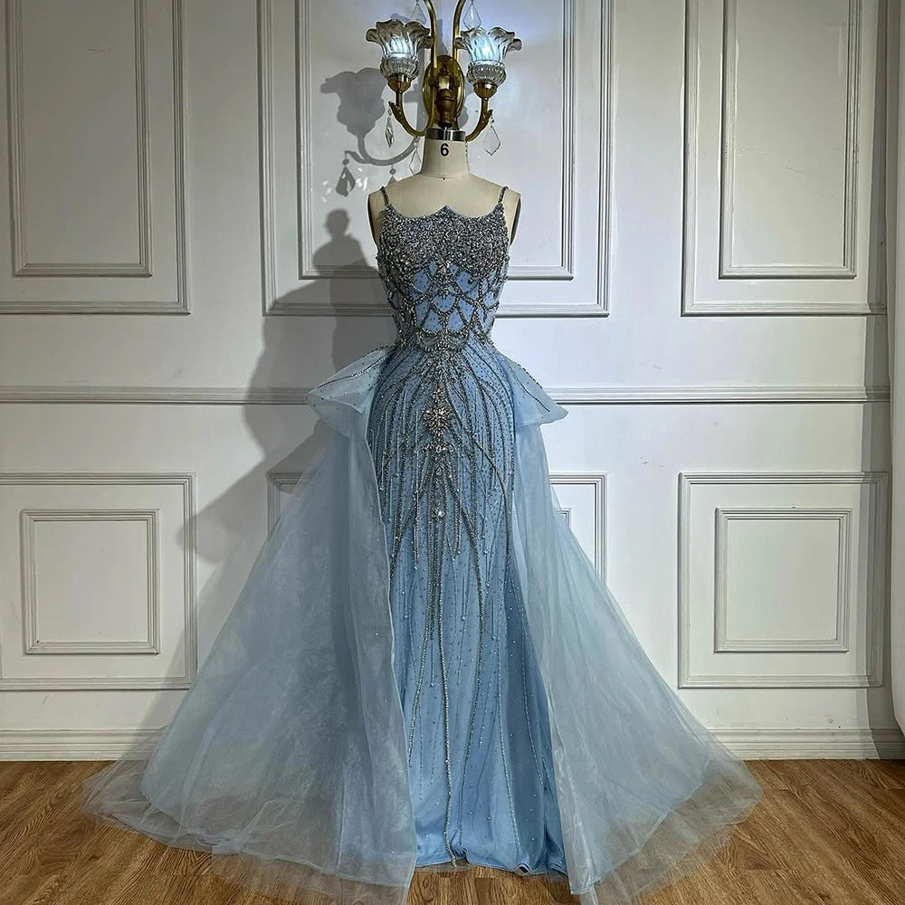 Luxury Dubai Nude Saudi Beaded Spaghetti Strap Evening Gown with Overskirt - Formal Dresses for Weddings, Prom & Special Occasions