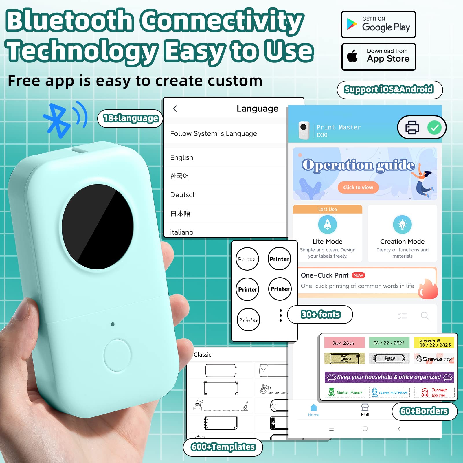 Phomemo D30 Mini Bluetooth Label Printer - Portable Inkless Thermal Label Maker with 1000+ Templates | Compact Design for Home Office, School Supplies & Pantry Organization | Includes 3 Rolls & Free App | Perfect for DIY Crafts, Shipping Labels & Barcode Printing (Green)