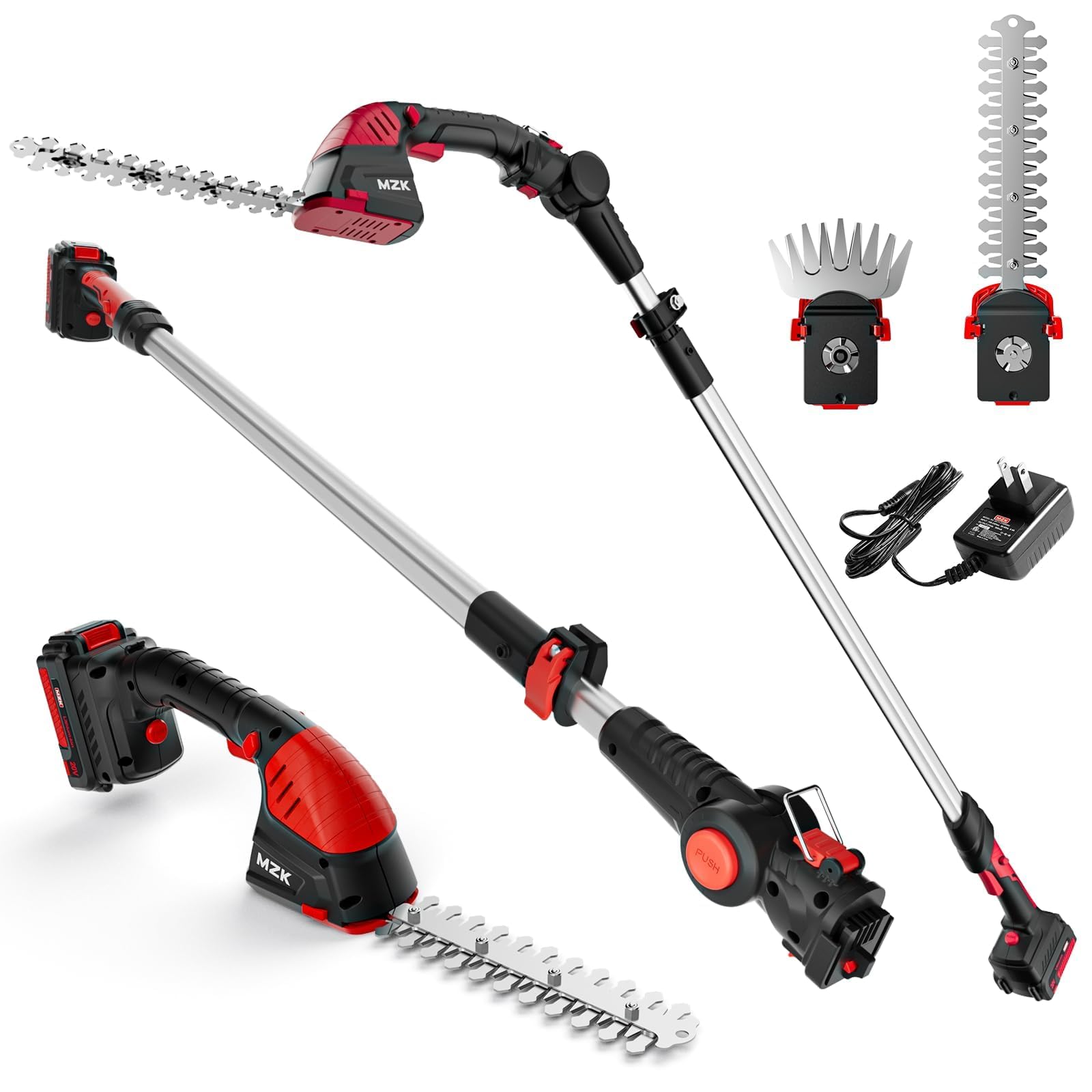 MZK 20V Cordless 2-in-1 Pole Hedge Trimmer & Grass Shear - 13ft Extended Reach, Adjustable Multi-Angle Head, Battery & Charger Included - Perfect for Lawn Edging, Shrub Trimming & Tall Hedge Cutting