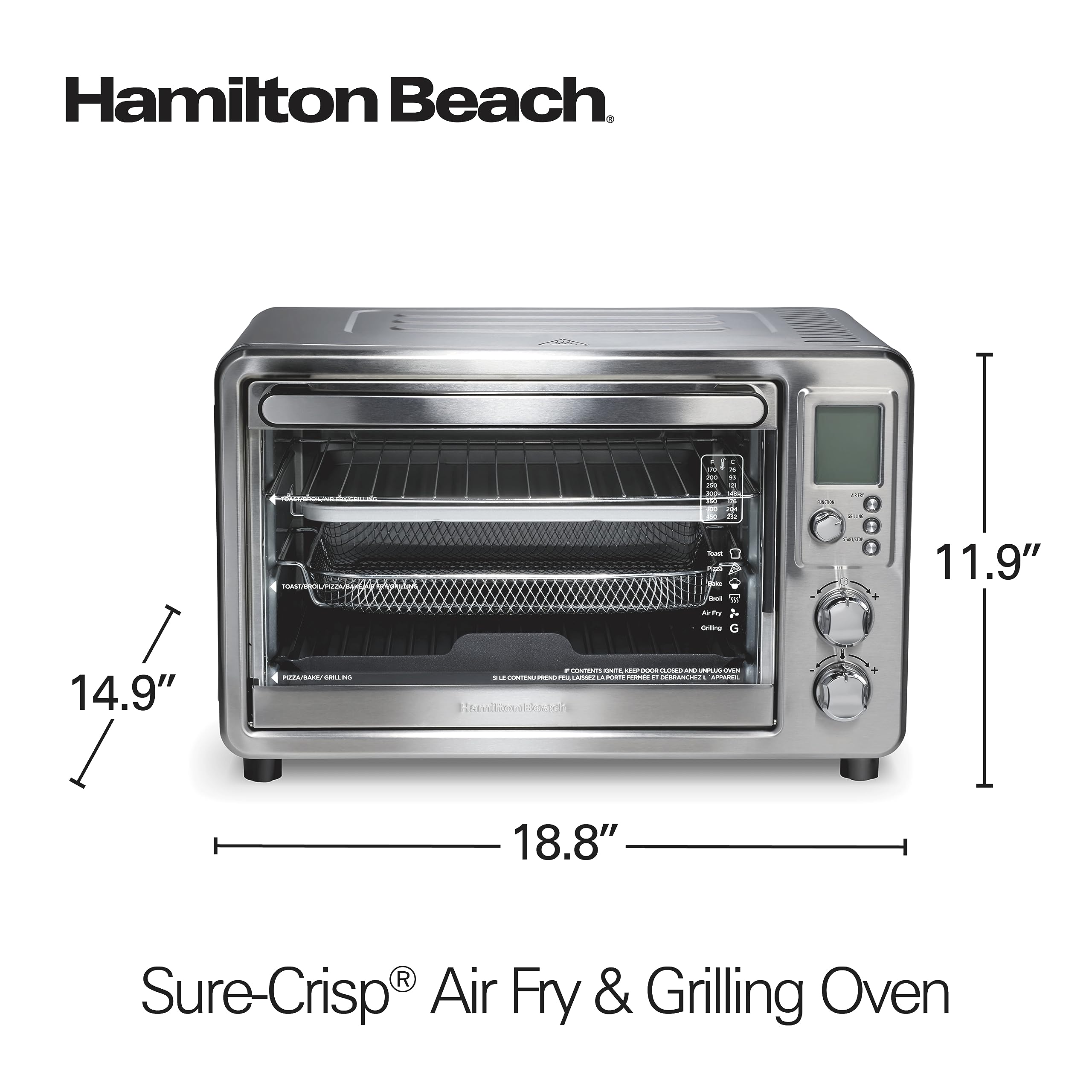 Hamilton Beach 6-in-1 Sure Crisp Air Fryer Toaster Oven Combo with Electric Indoor Grill - 450°F Searing Temperature for Baking, Broiling, Toasting & Pizza Making | 0.88 cu. ft Capacity, 6-Slice Toaster, Stainless Steel (Model 31395) | Perfect for Small Kitchens, Quick Meals & Healthy Cooking