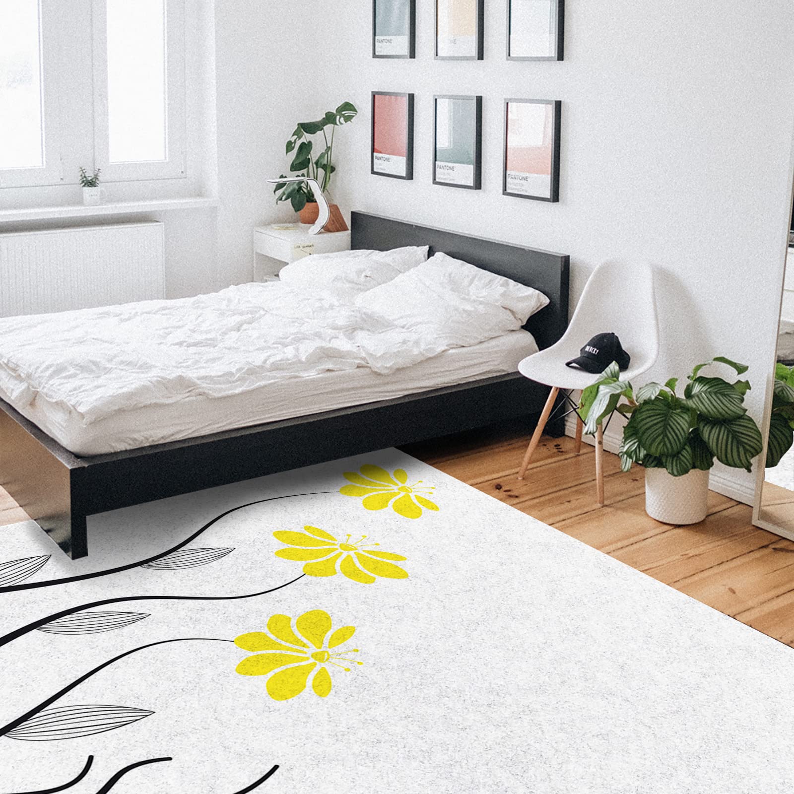 4'x7' Washable Area Runner Rug - Yellow Aqua Floral Petals with Striped Leaves & Geometric Lines for Kitchen, Living Room, Bathroom, Bedroom, Classroom | Modern Non-Slip Bath Mat for Home Decor & Pet-Friendly Spaces
